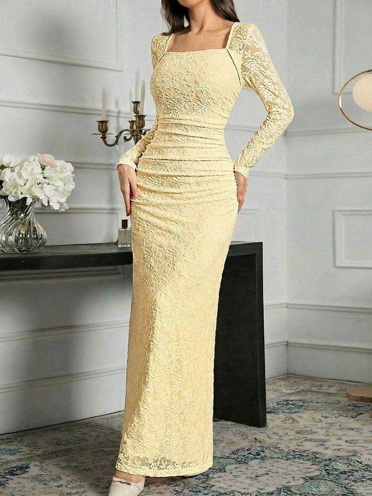 thumbnail image 2 of Pale Yellow Lace Long Sleeve Square Neck Bodycon Evening Dress, 2 of 7