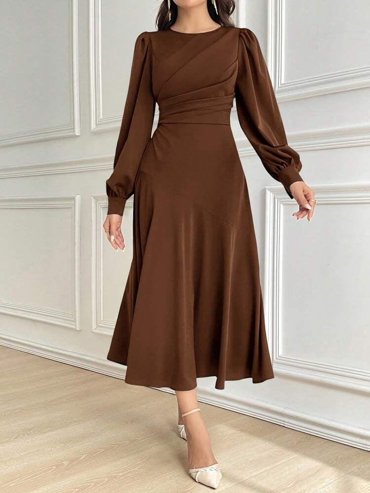 thumbnail image 4 of Coffee Brown Long Sleeve Midi Dress with Gathered Waist, 4 of 7