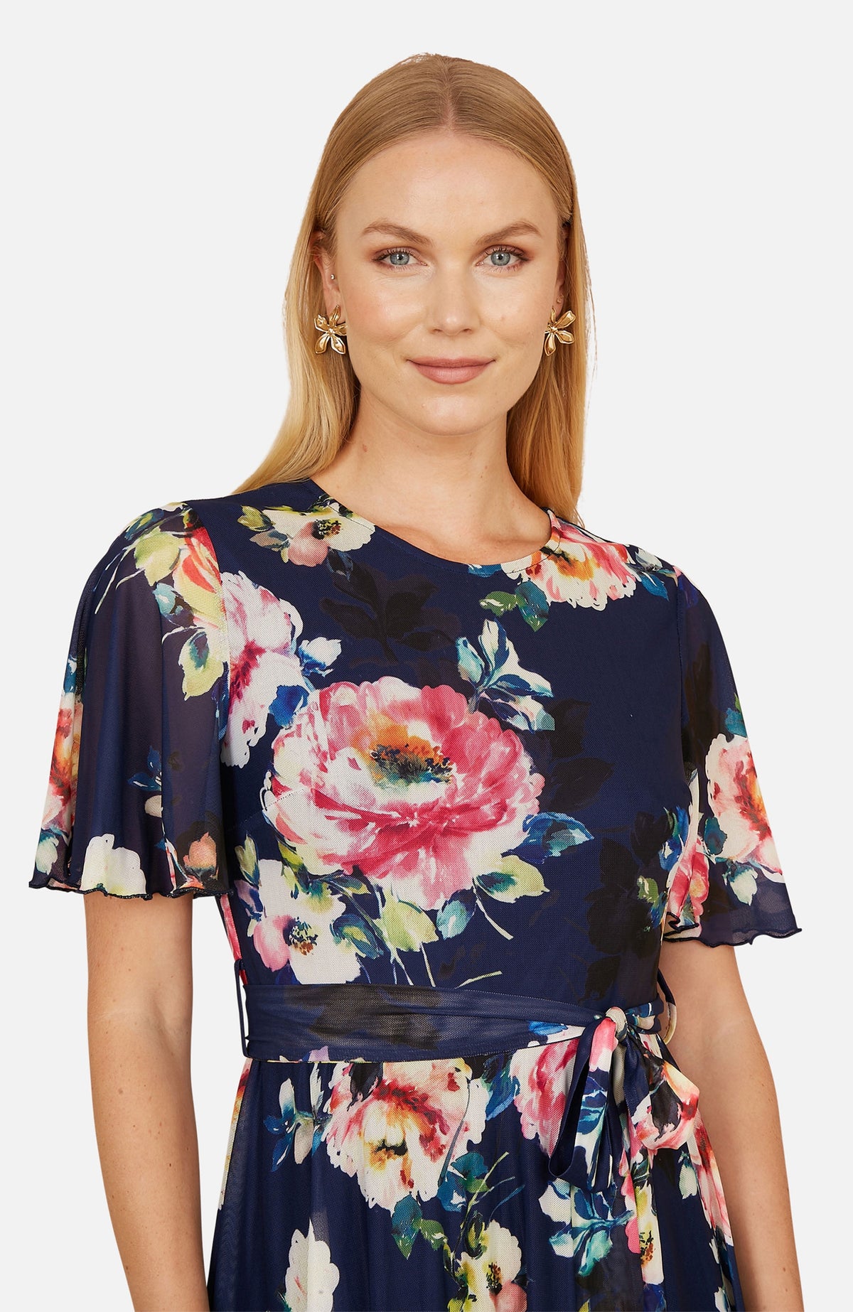 thumbnail image 4 of Yumi Mesh Floral Print Midi Dress - Navy, 6, 4 of 6