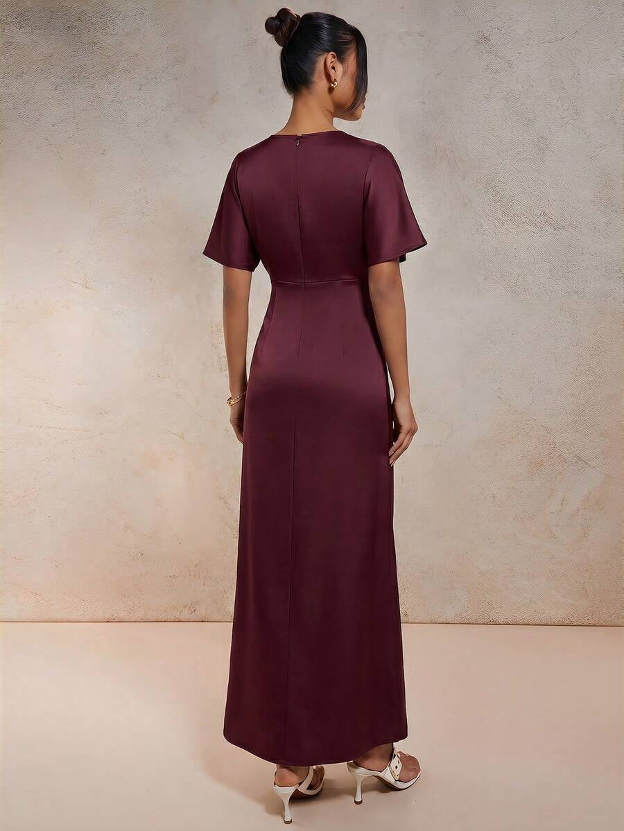 thumbnail image 2 of Womens Elegant Redwood V-Neck Satin Long Dress, 2 of 8