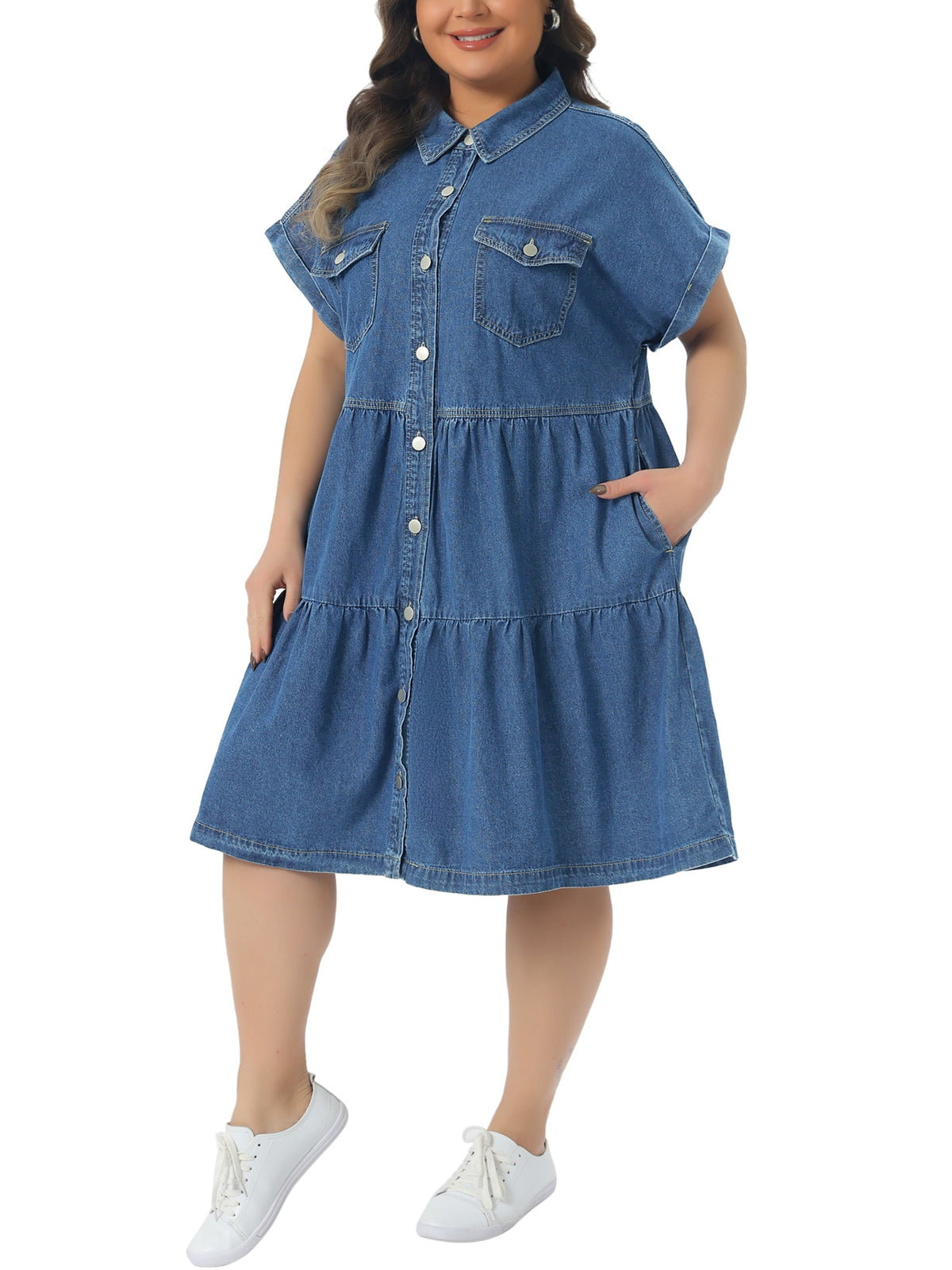 thumbnail image 4 of Agnes Orinda Women's Plus Size Denim Babydoll Dress Short Sleeve Button Down Tiered Hem Casual A-line Jean Dresses with Pockets 1X Blue, 4 of 6