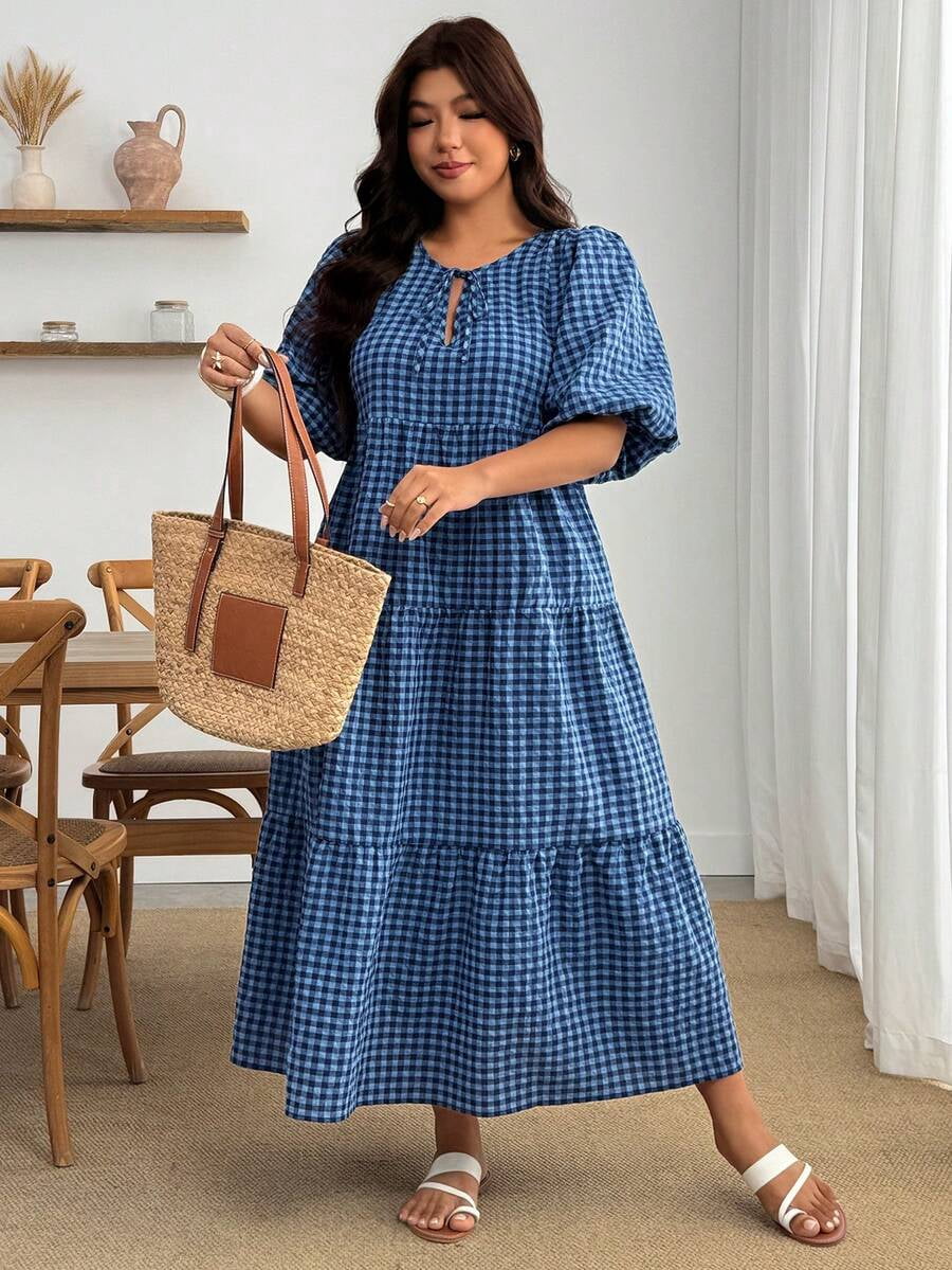 thumbnail image 5 of Womens Blue Gingham Tiered Dress With Puff Sleeves And Ruffle Hem, 5 of 8
