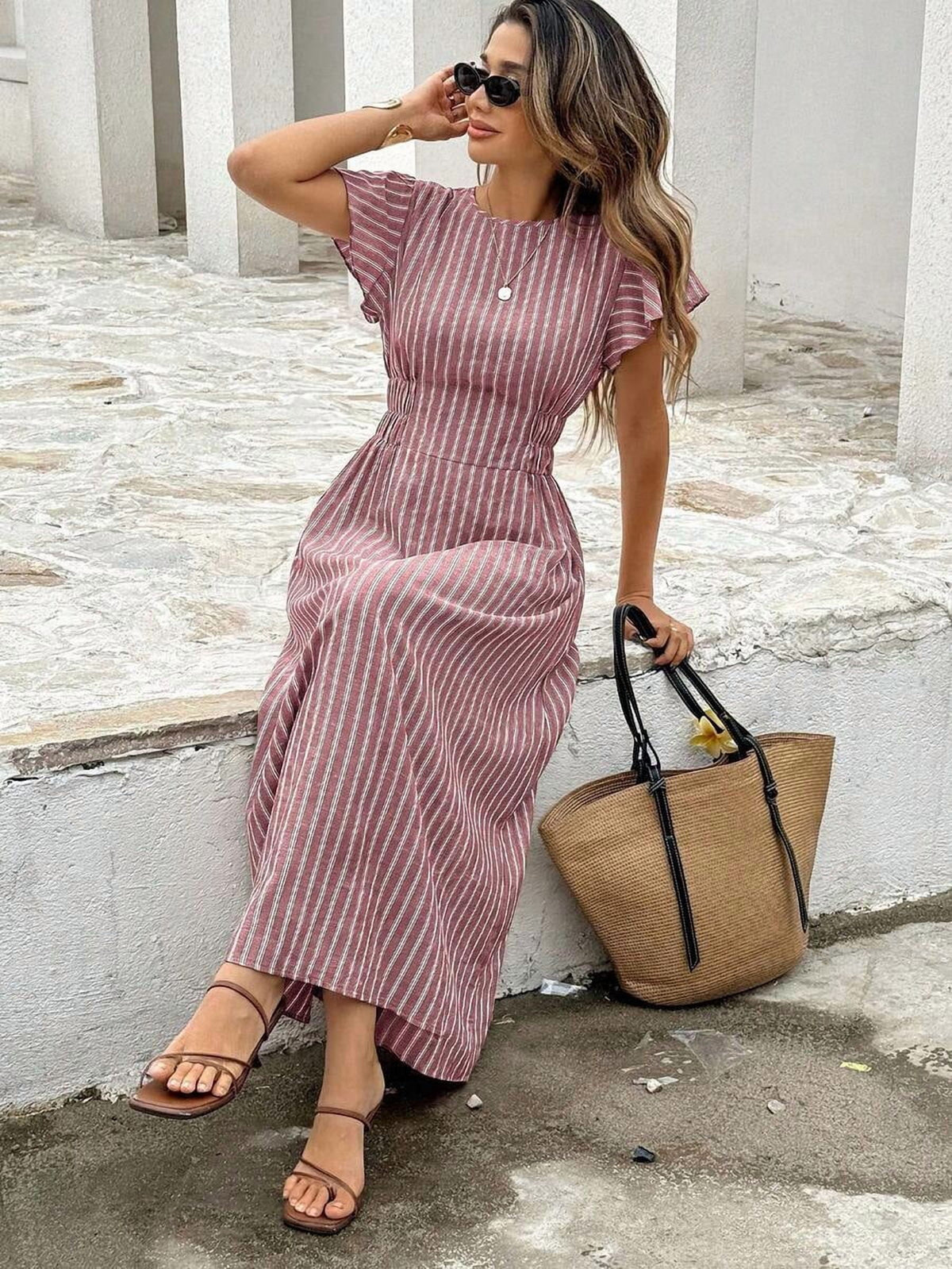 thumbnail image 6 of Womens Burgundy Ruffle Sleeve Vertical Stripe Midi Dress Summer Vacation, 6 of 7