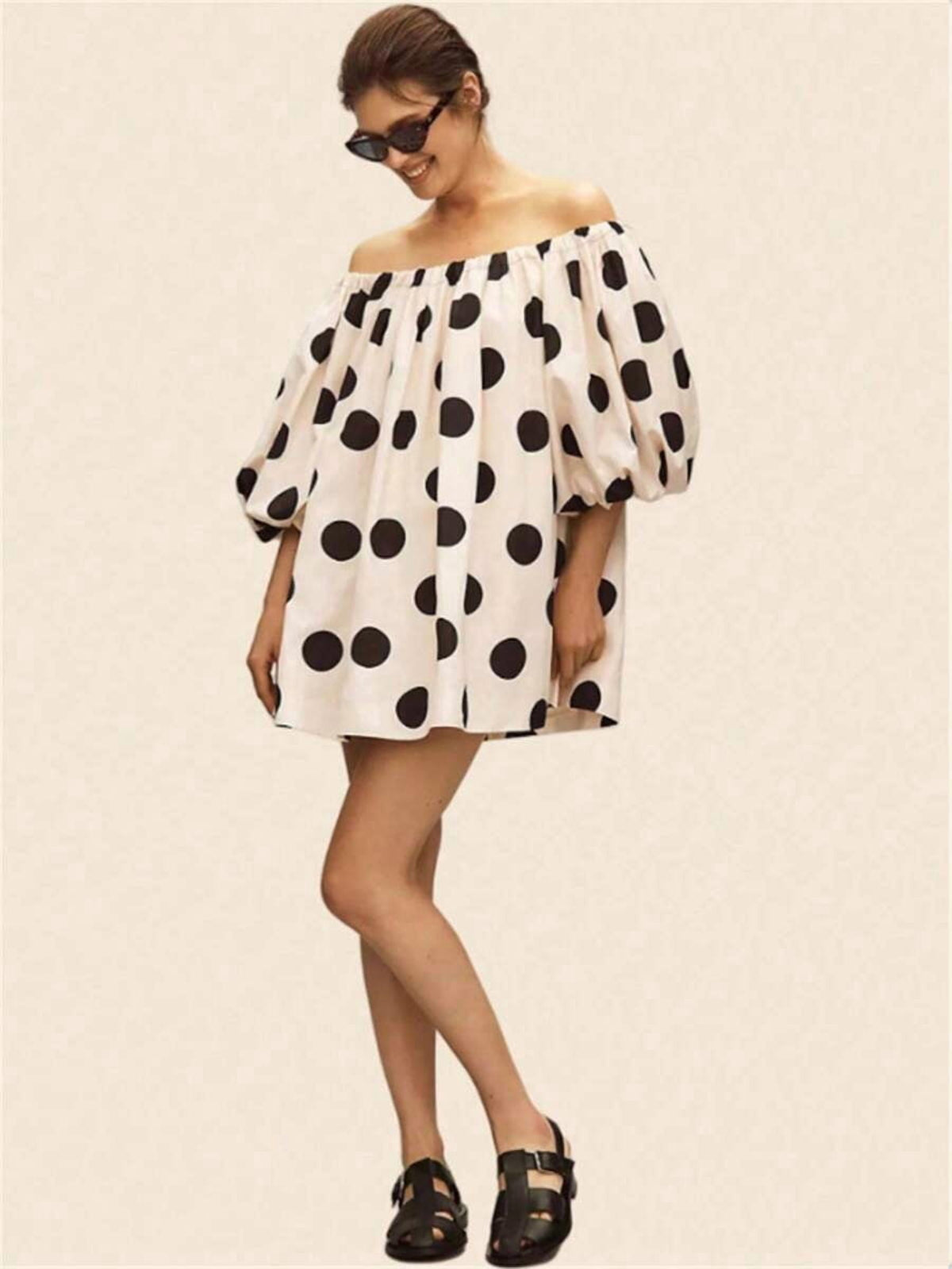 thumbnail image 4 of Womens Black and White Polka Dot Off Shoulder Loose Fit Mini Dress, 4 of 5