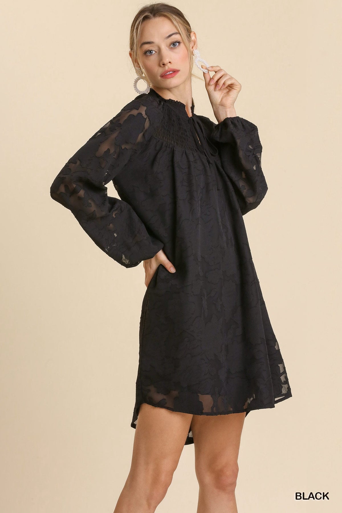 thumbnail image 3 of Jacquard Raglan Smocked Tie Neck Yoke Dress, 3 of 5
