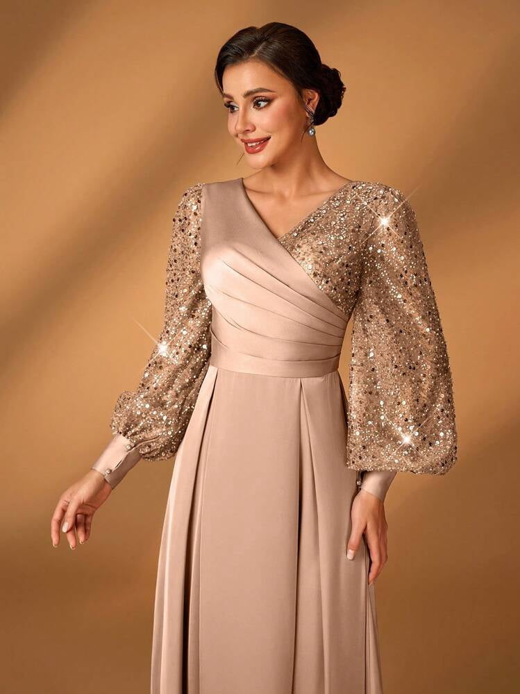 thumbnail image 5 of Champagne V Neck A Line Evening Dress with Sequin Lantern Sleeves, 5 of 7
