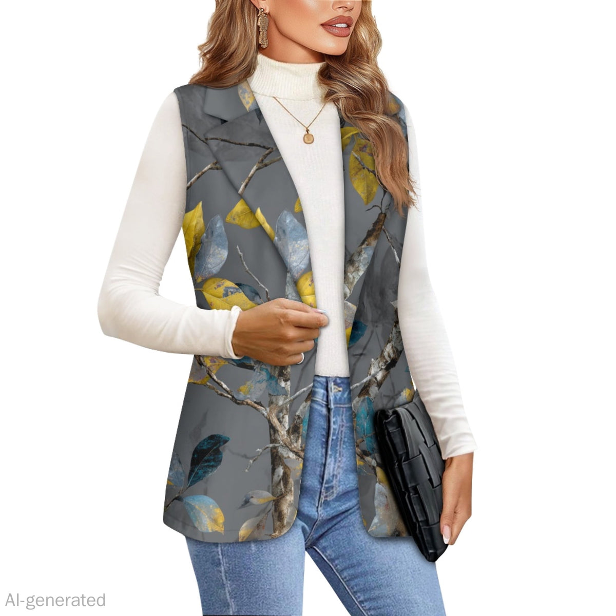 thumbnail image 2 of Chririnla Tree Leaves Print Sleeveless Collared Waistcoat for Summer, Fitted Women's Suit Vest One Button Women's Outerwear Vest, 2 of 11