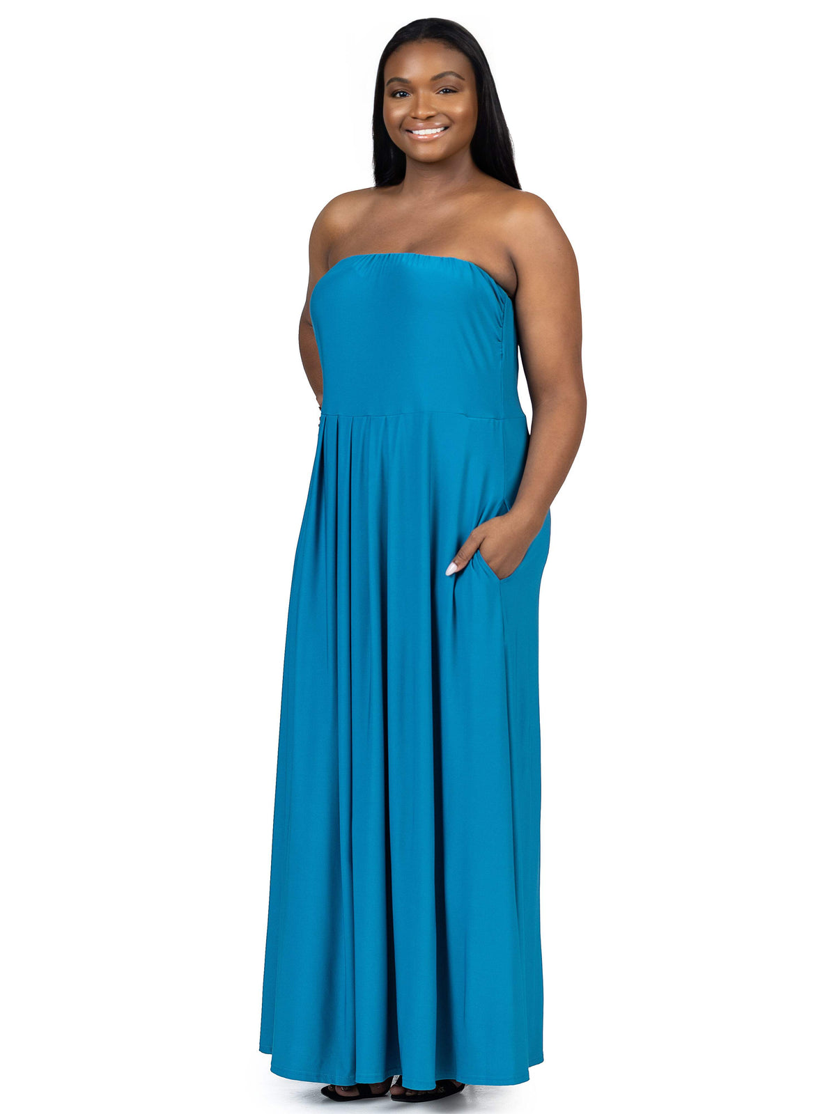 thumbnail image 2 of Plus Size Strapless Pleated Pocket Maxi Dress, 2 of 11