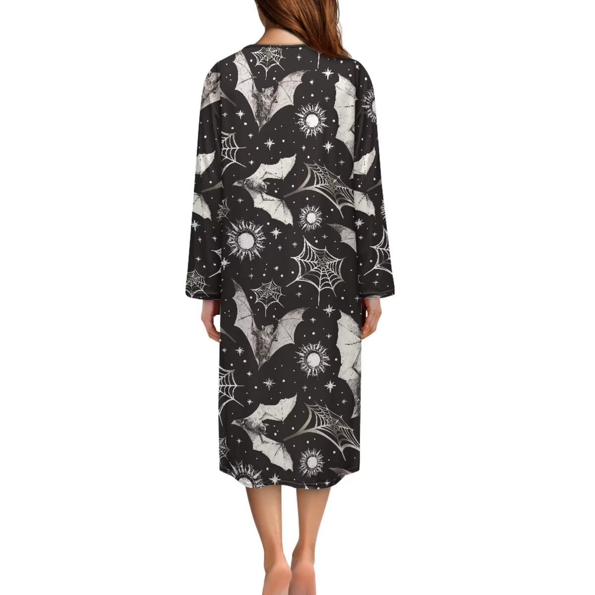 thumbnail image 3 of FKELYI Black Spiderweb Bat Star Print Women Zip Up Robe Nightgowns House Coats Full Length Soft House Dress Long Sleeve Bathrobe with 2 Pockets Nightwear, 4XL, 3 of 6