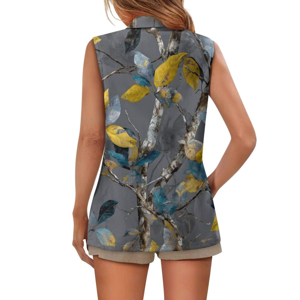 thumbnail image 6 of Chririnla Tree Leaves Print Sleeveless Collared Waistcoat for Summer, Fitted Women's Suit Vest One Button Women's Outerwear Vest, 6 of 11