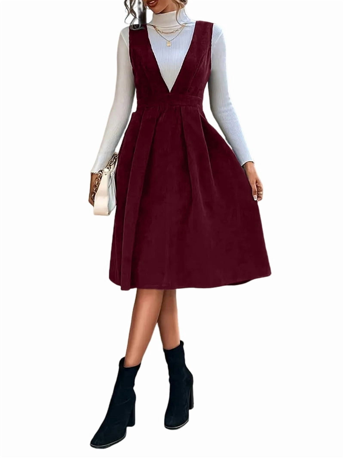 thumbnail image 5 of Women V Neck Corduroy Overall Dress Fall Mini Pinafore Jumper Dress Red S, 5 of 9