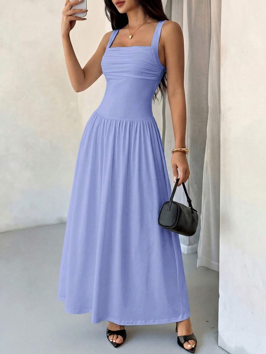 thumbnail image 3 of Petite Womens Blue Solid Square Neck Ruched Flared Maxi Dress For Spring Summer, 3 of 7