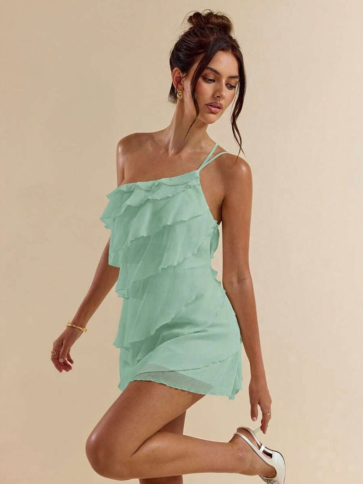 thumbnail image 3 of Blue Layered Ruffle Mini Dress With Open Back And Adjustable Straps, 3 of 30