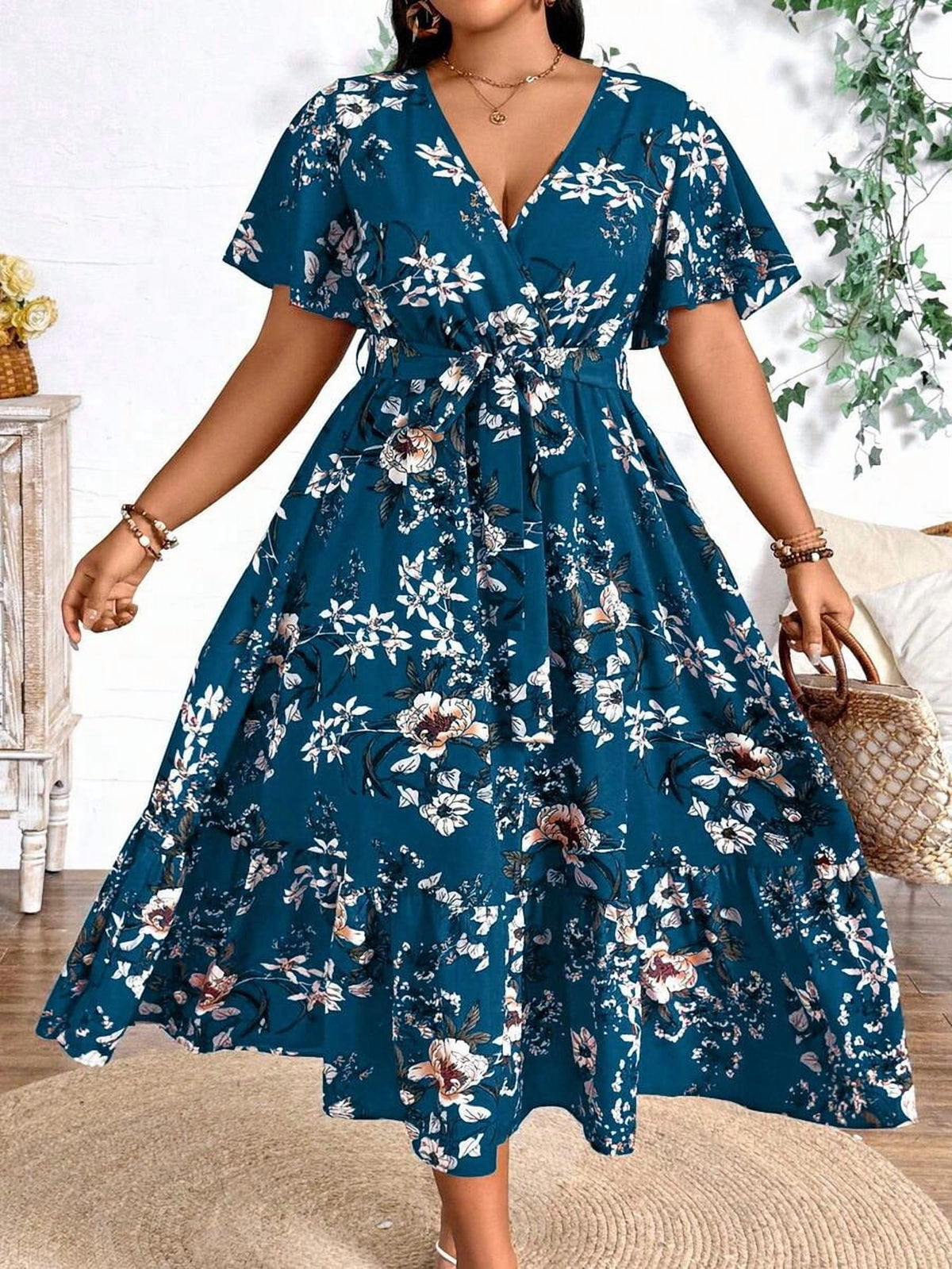 thumbnail image 5 of Plus Size Teal Blue Floral Print V-Neck Wrap Dress Short Sleeve A-Line Maxi, 5 of 6