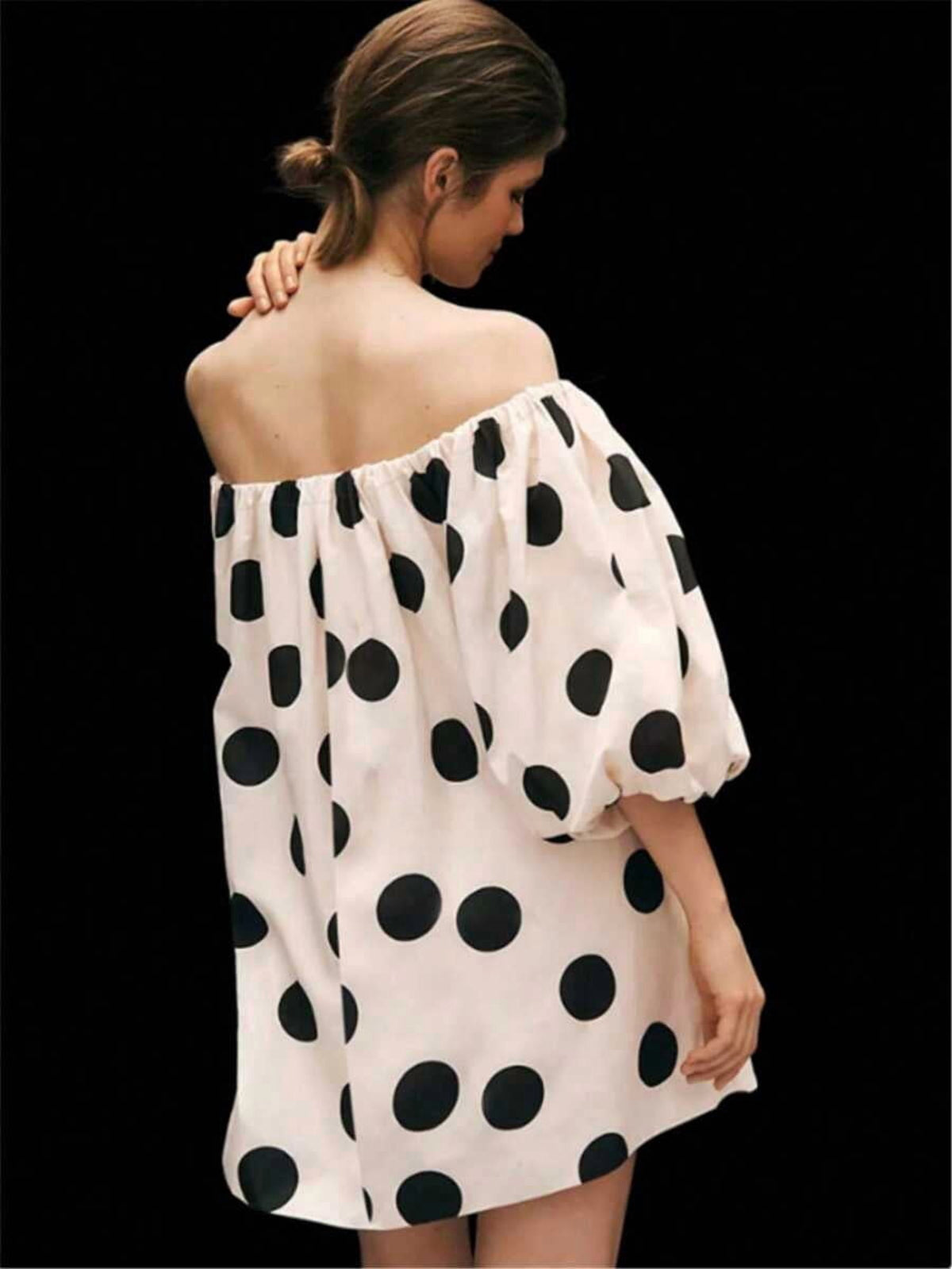 thumbnail image 3 of Womens Black and White Polka Dot Off Shoulder Loose Fit Mini Dress, 3 of 5