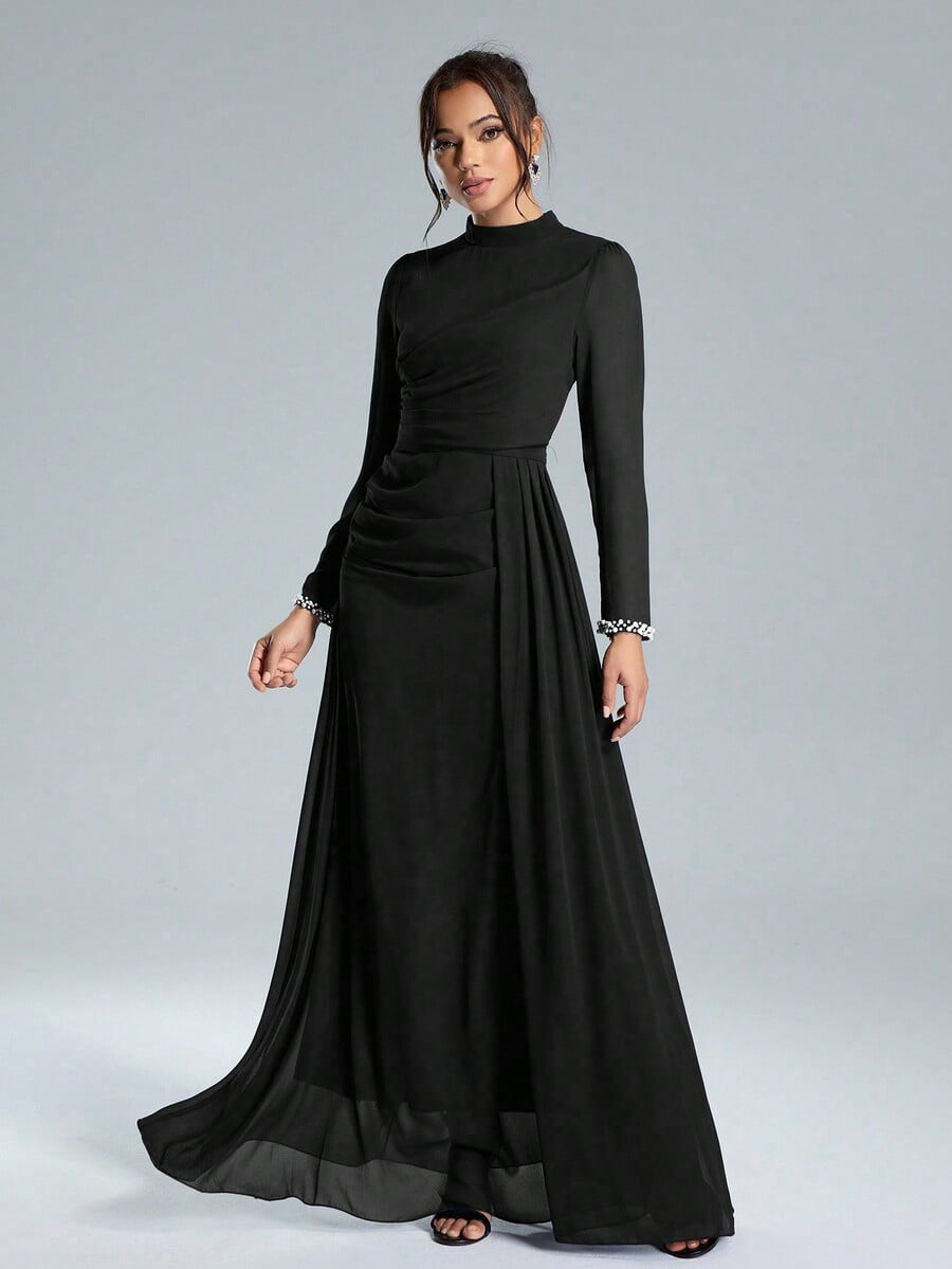 thumbnail image 3 of Black Long Sleeve Formal Evening Gown with Sequin Pearl Cuffs, 3 of 8