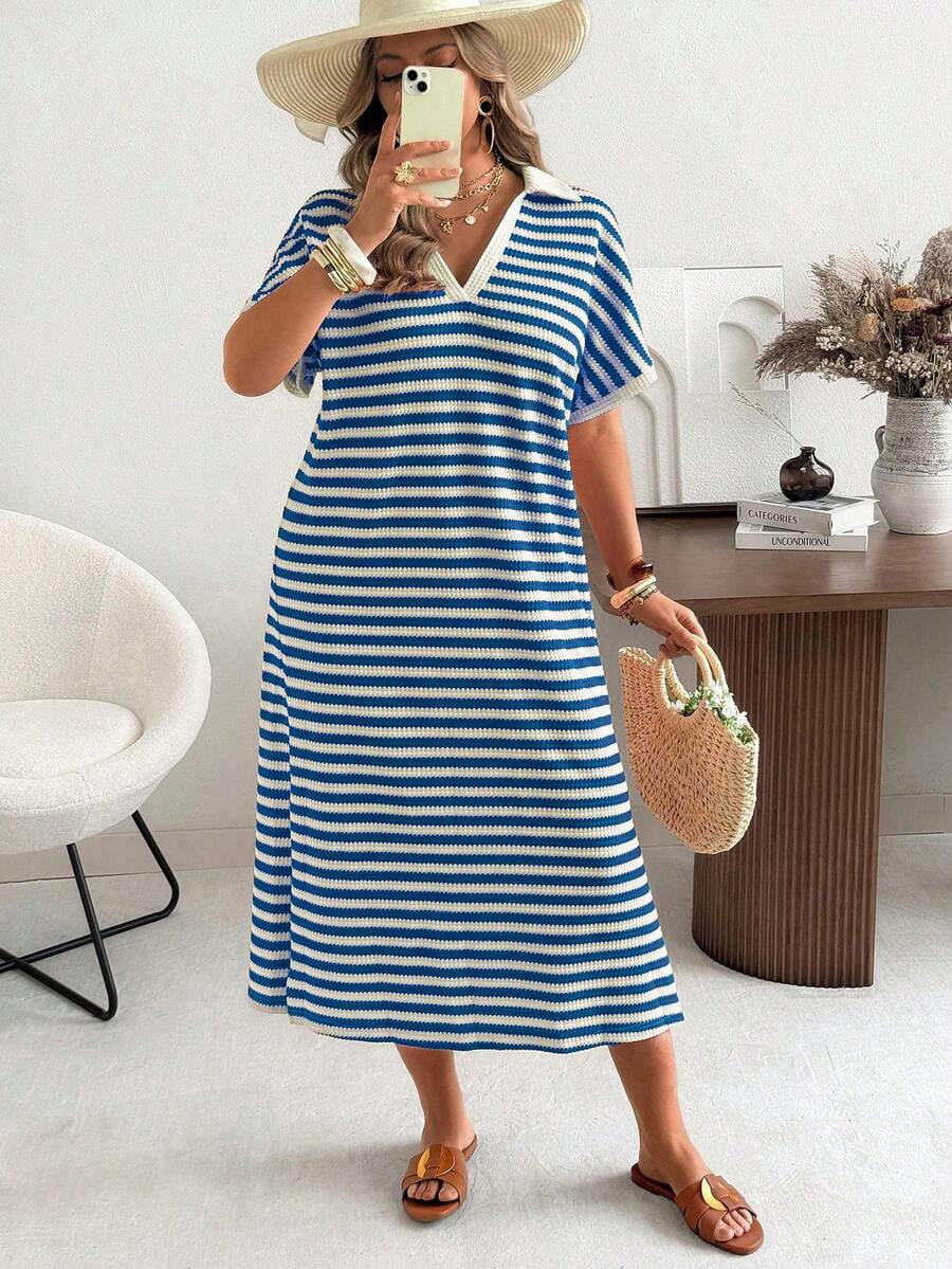 thumbnail image 4 of Plus Size Royal Blue Striped Knit Collar Short Sleeve Casual Vacation Dress, 4 of 4