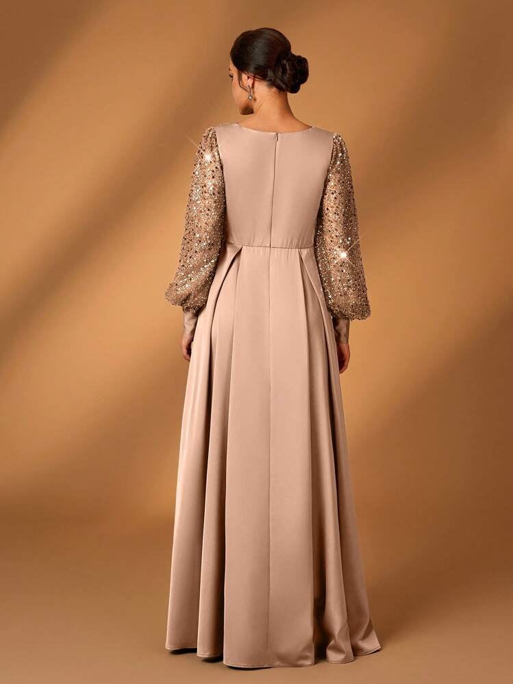thumbnail image 3 of Champagne V Neck A Line Evening Dress with Sequin Lantern Sleeves, 3 of 7