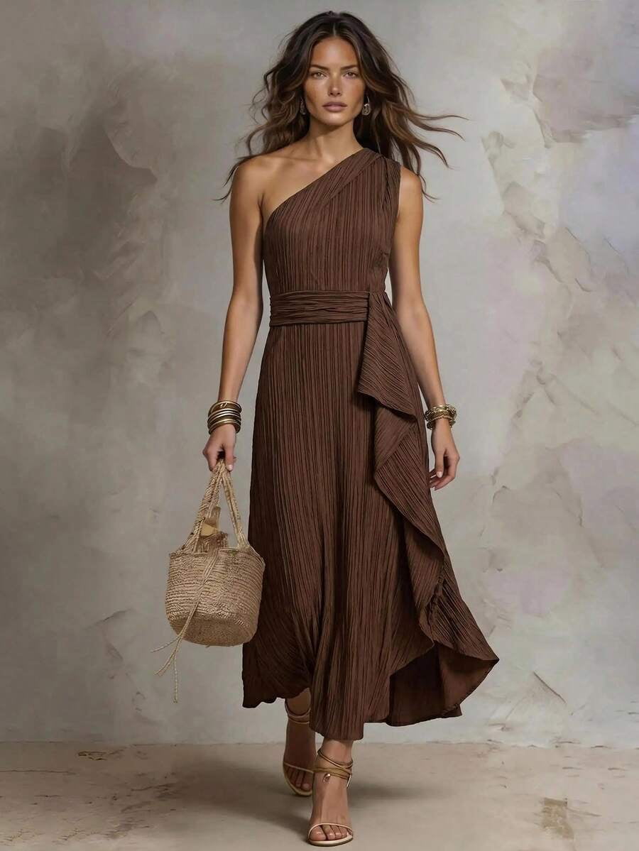 thumbnail image 5 of Womens One Shoulder Sleeveless Ruffle Long Dress - Brown, 5 of 6