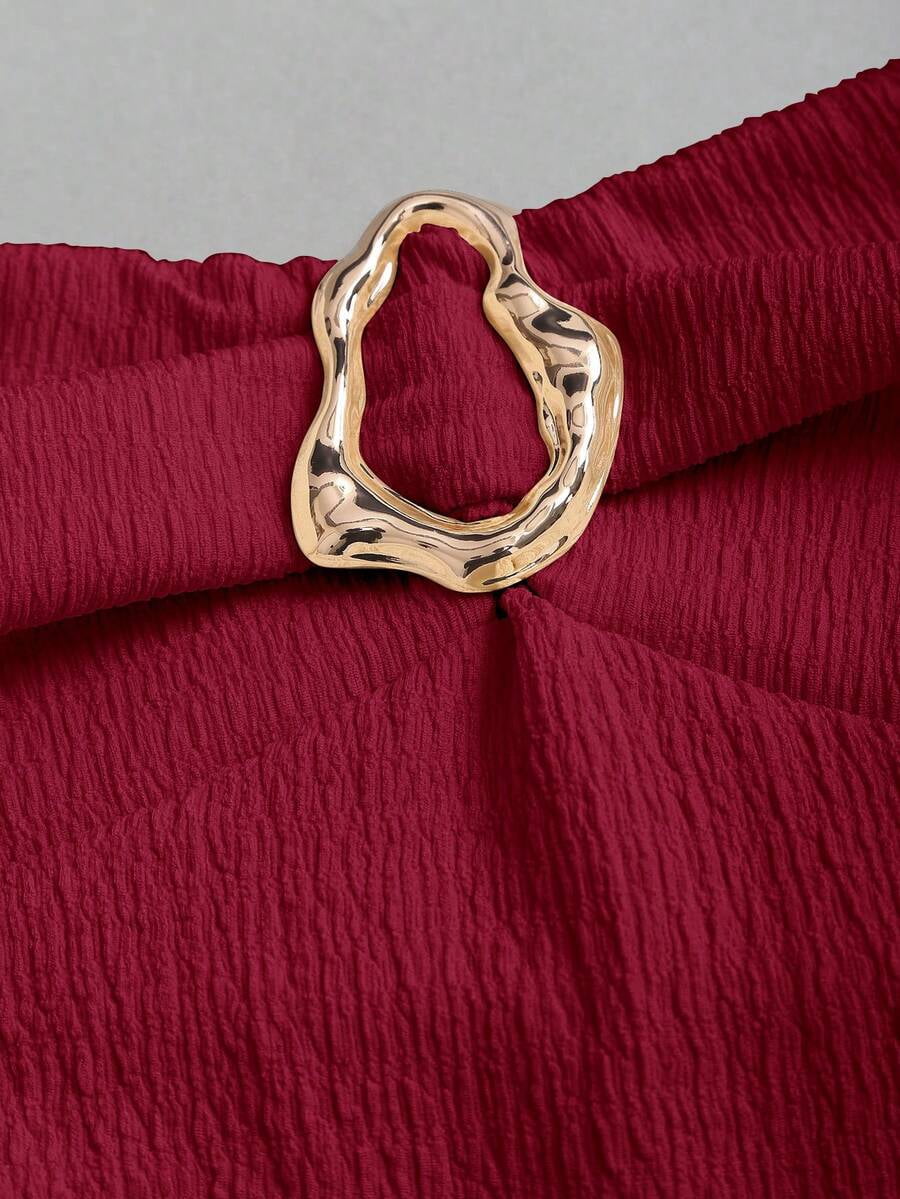 thumbnail image 3 of Women's Elegant Strapless Double Layer Ruffle Mini Dress, Red, Sizes L-M, 3 of 6