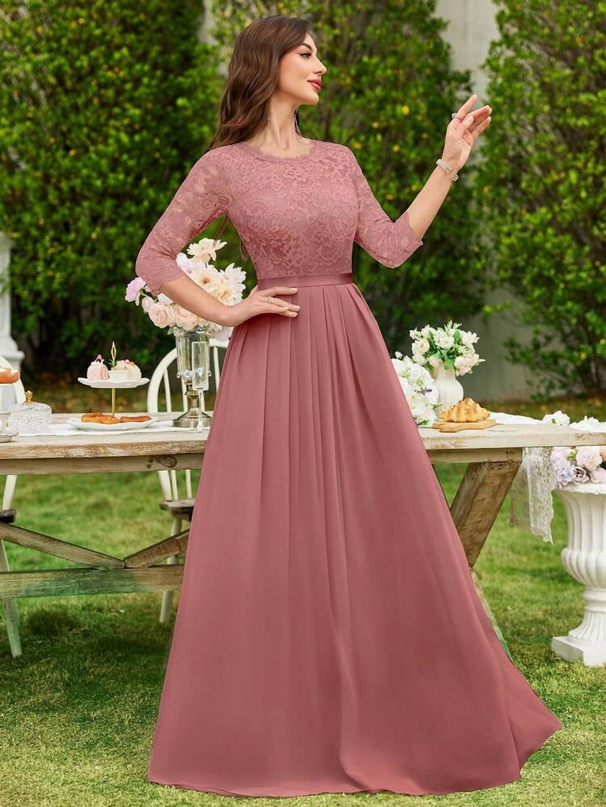 thumbnail image 5 of Dusty Pink Lace Bodice Chiffon Pleated Long Evening Dress, 5 of 8