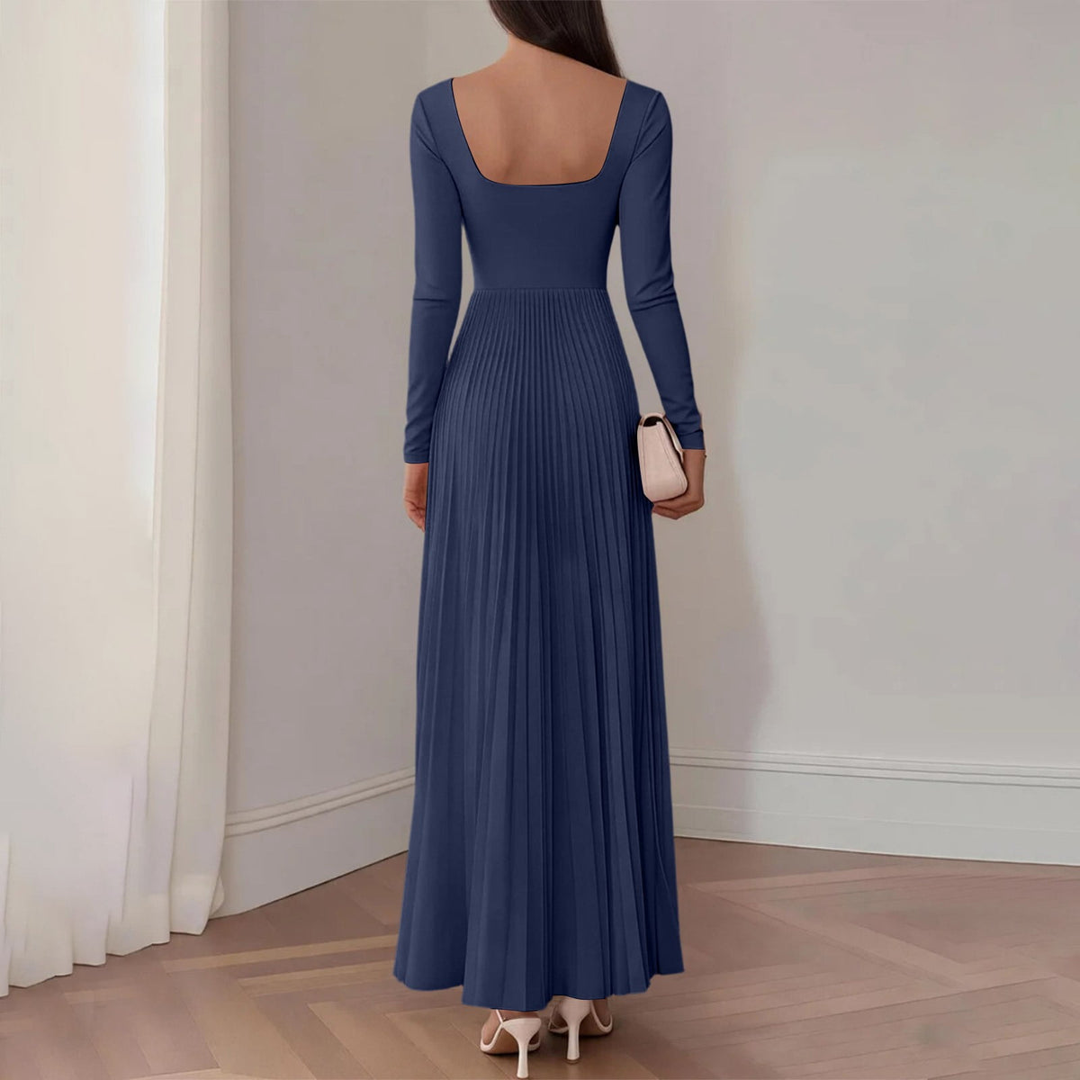 thumbnail image 5 of BRGZLK Square Neck Bridesmaid Dresses for Women Trendy Solid Color Long Sleeve Empire Waist Pleated Gowns Wedding Guest Dress Maxi Formal Evening Dress Navy XL, 5 of 8
