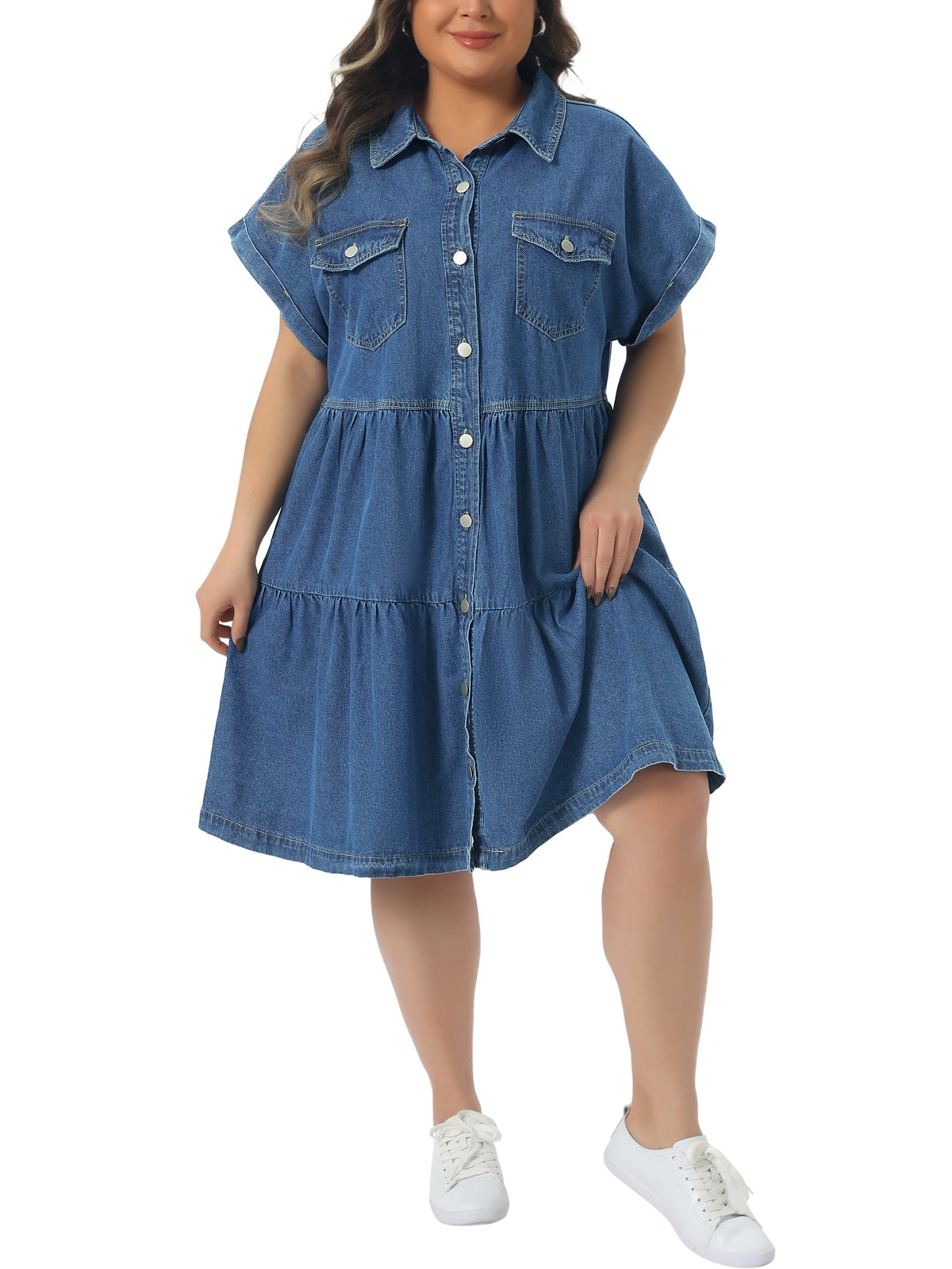 thumbnail image 2 of Agnes Orinda Women's Plus Size Denim Babydoll Dress Short Sleeve Button Down Tiered Hem Casual A-line Jean Dresses with Pockets 1X Blue, 2 of 6