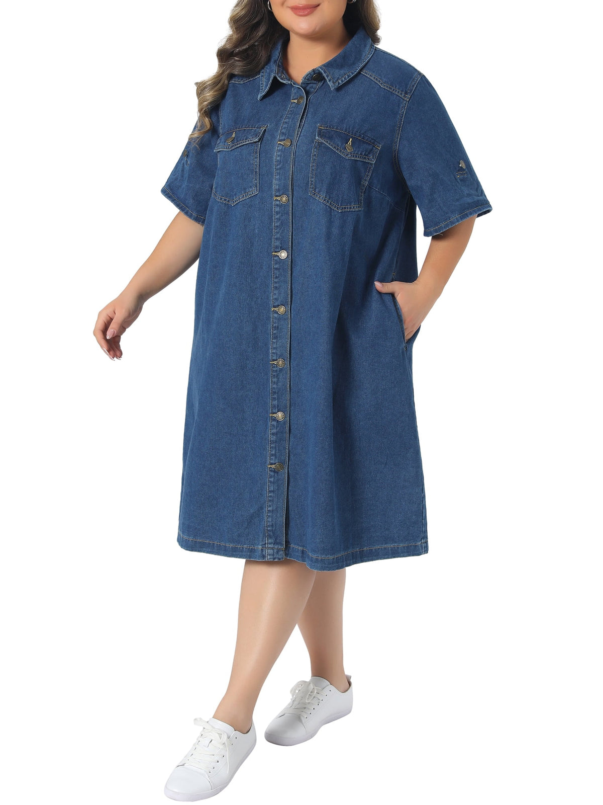 thumbnail image 6 of Agnes Orinda Women's Plus Size Denim Dresses Button Down Lapel Short Sleeve Midi Summer Casual Denim Jean Shirt Dress with Pockets 2X Blue, 6 of 8