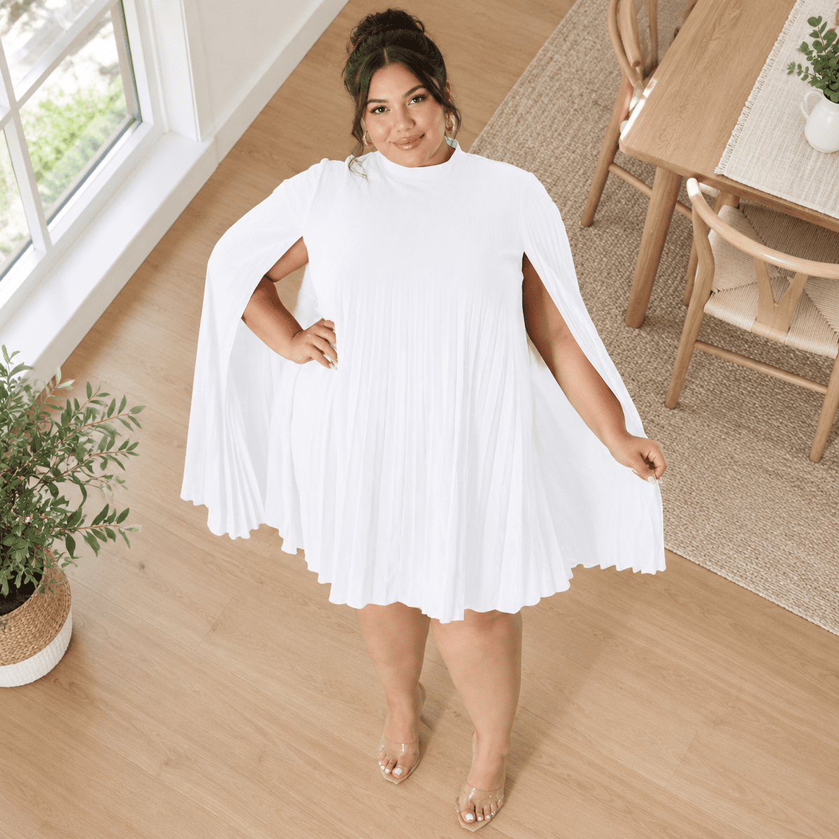 thumbnail image 6 of Women Plsize Cape Dress Pleated Cocktail Mini, 6 of 6