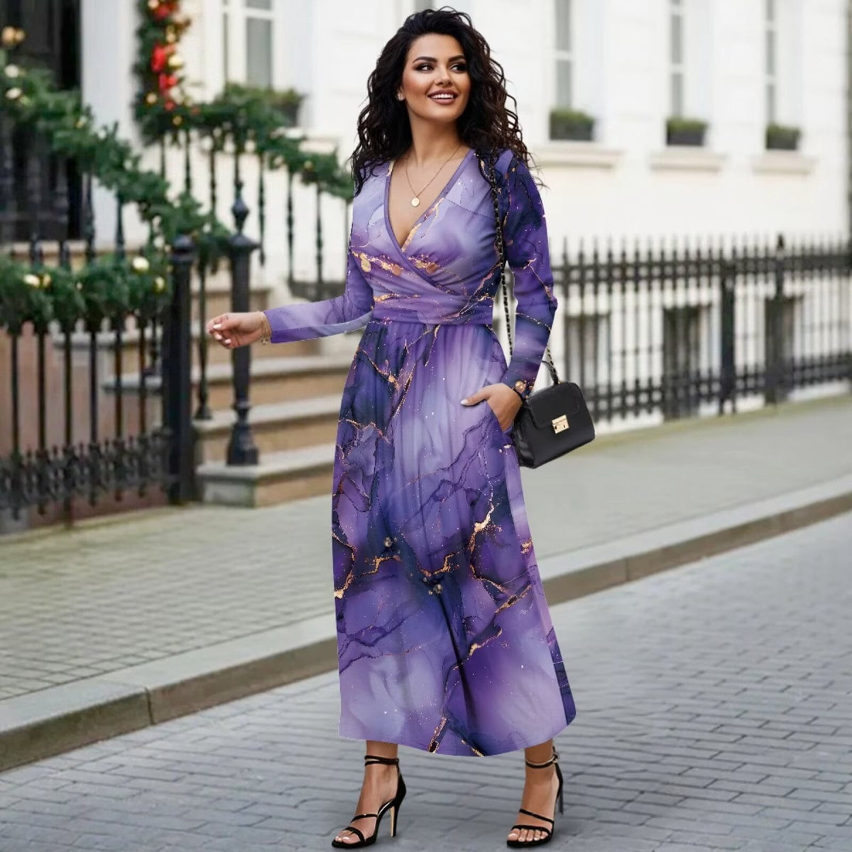 thumbnail image 4 of FKELYI Fall Maxi Dress for Women Long Sleeve A-Line Flowy Dresses with Side Pockets Marble Purple Gold Print V Neck Casual Dress for Spring Winter, 2XL, 4 of 6