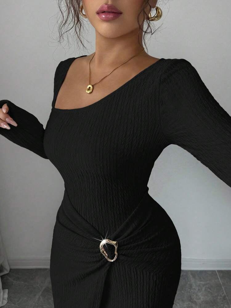 thumbnail image 3 of Black Asymmetrical Neck Knitted Long Dress with Ornamental Buckle, 3 of 7