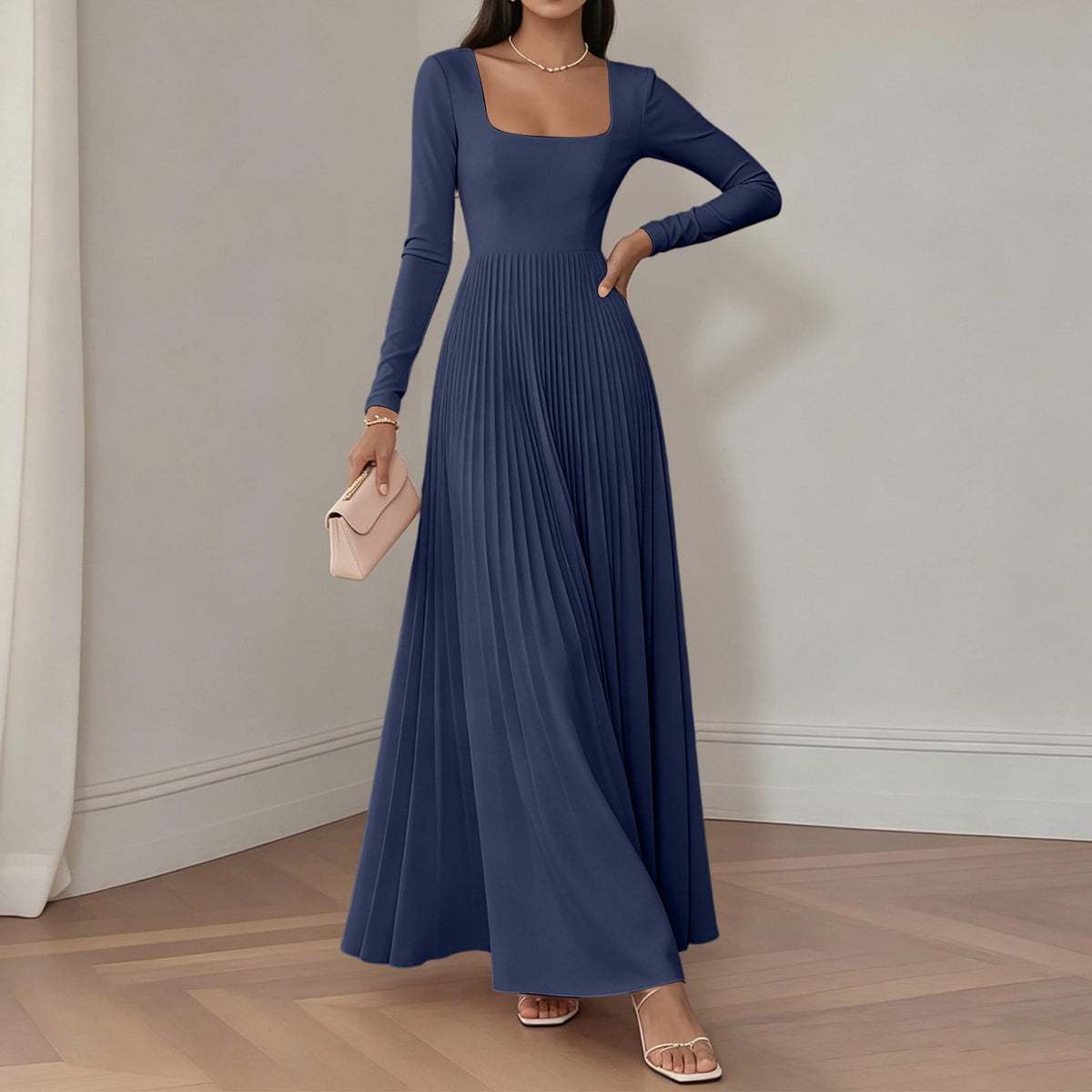 thumbnail image 6 of BRGZLK Square Neck Bridesmaid Dresses for Women Trendy Solid Color Long Sleeve Empire Waist Pleated Gowns Wedding Guest Dress Maxi Formal Evening Dress Navy XL, 6 of 8
