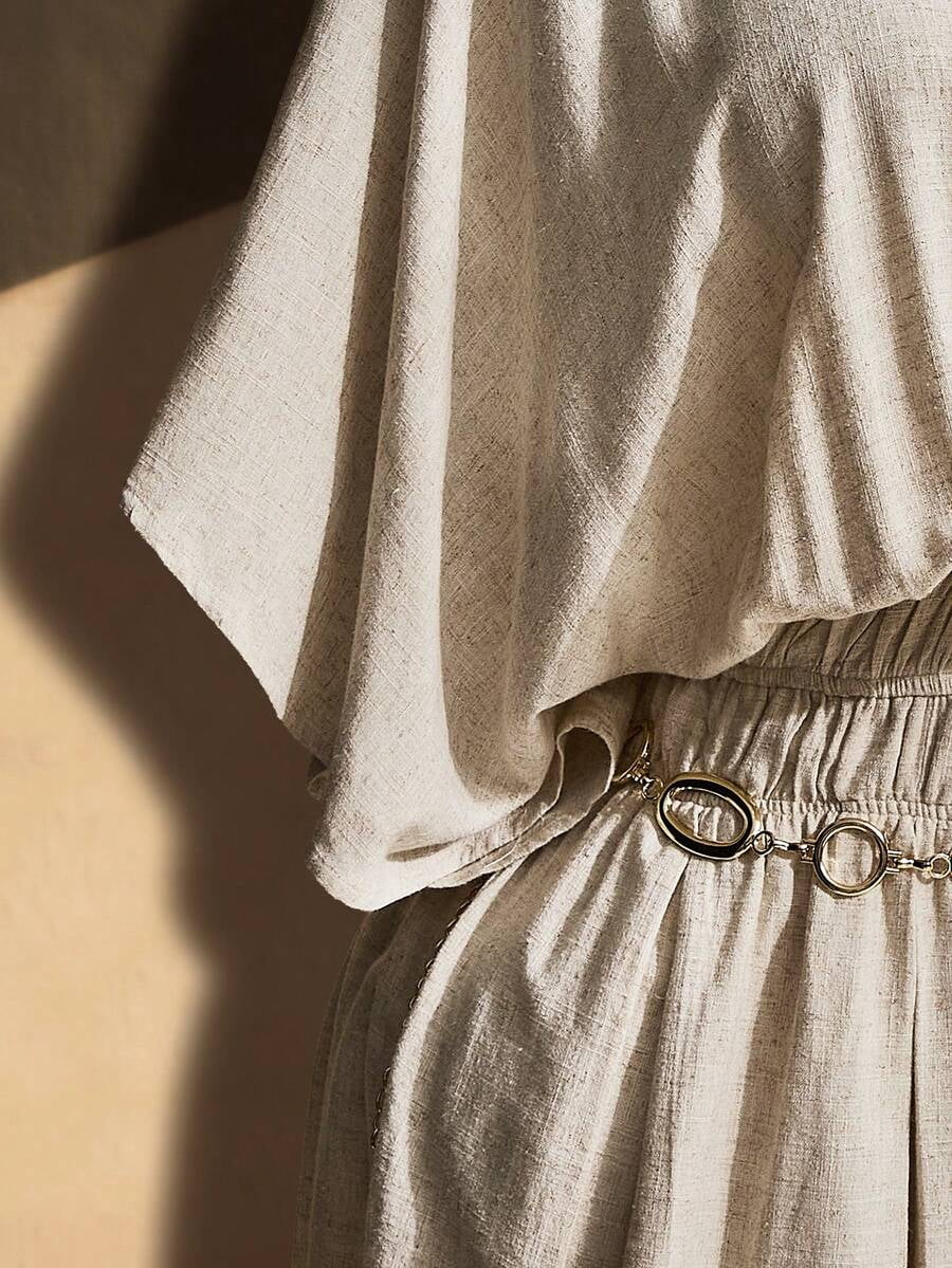 thumbnail image 7 of Apricot Plus Size Solid Color Asymmetric Neck Linen Dress with Belt, 7 of 7