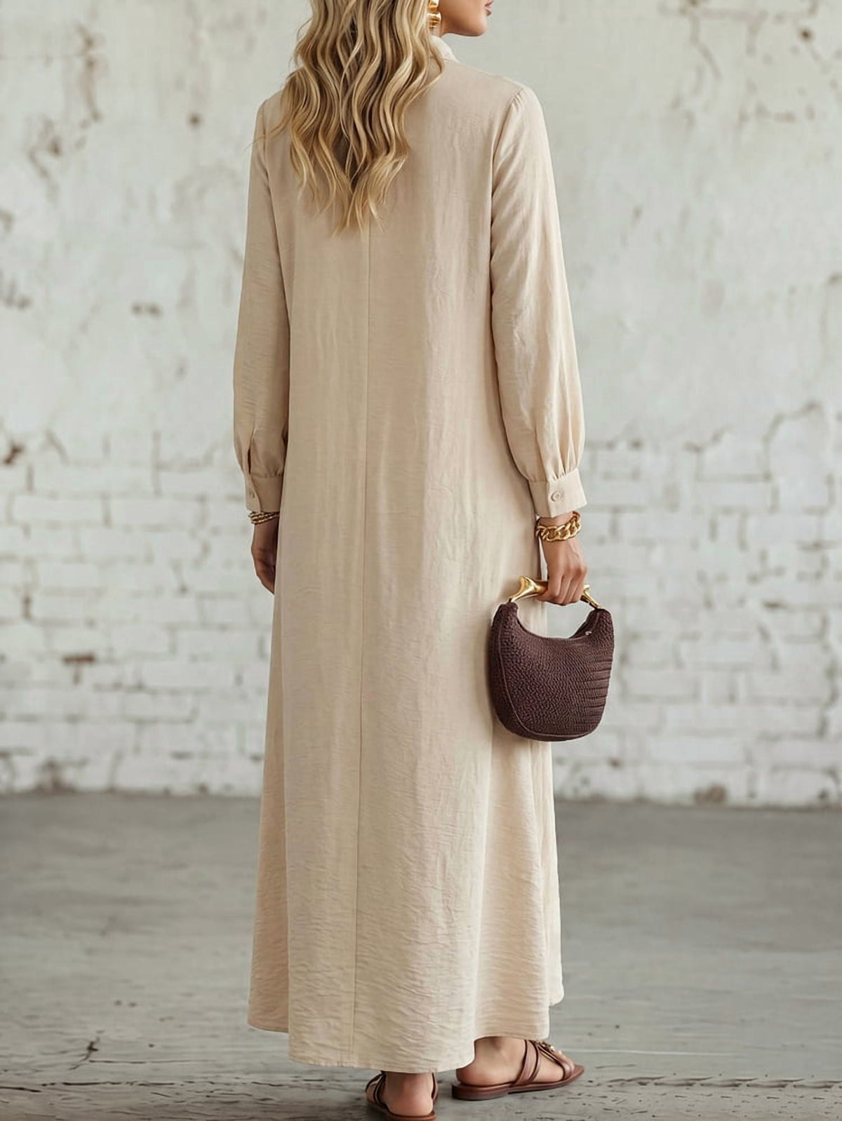 thumbnail image 2 of Apricot Long Sleeve Mandarin Collar Frog Button Maxi Dress, 2 of 3
