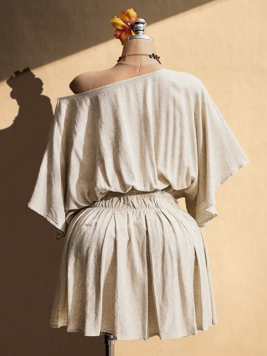 thumbnail image 2 of Apricot Plus Size Solid Color Asymmetric Neck Linen Dress with Belt, 2 of 7