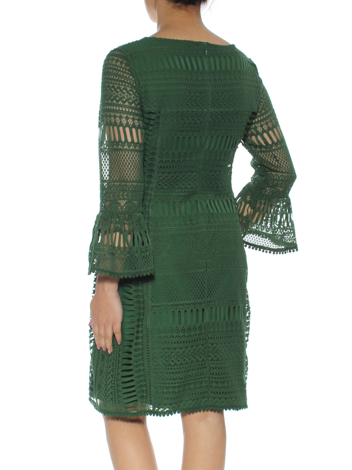 thumbnail image 3 of ALFANI Womens Green Crochet Illusion Bell Sleeve Scoop Neck Knee Length Shift Party Dress Size: 4, 3 of 3