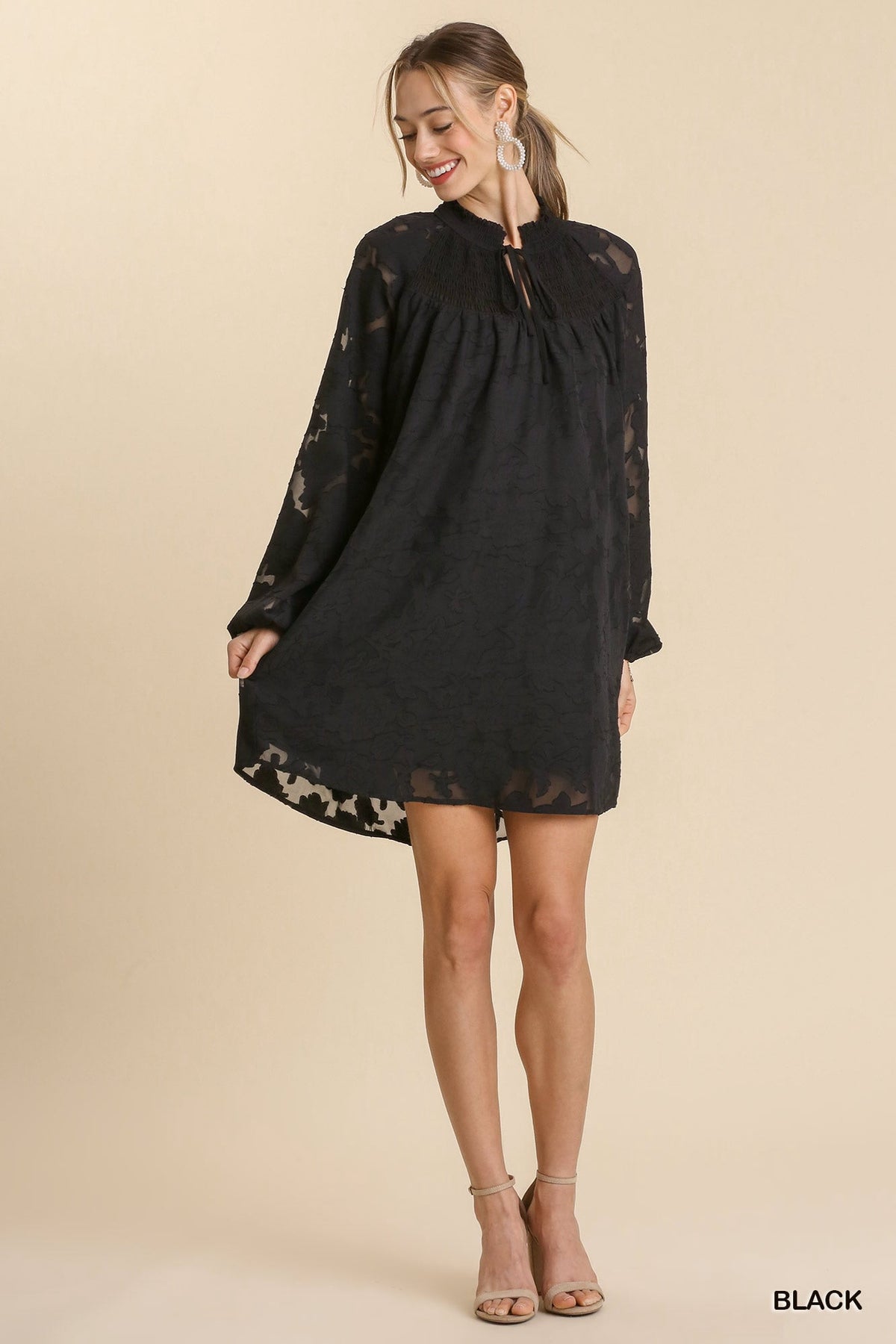 thumbnail image 2 of Jacquard Raglan Smocked Tie Neck Yoke Dress, 2 of 5