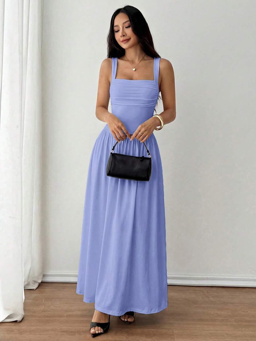 thumbnail image 6 of Petite Womens Blue Solid Square Neck Ruched Flared Maxi Dress For Spring Summer, 6 of 7