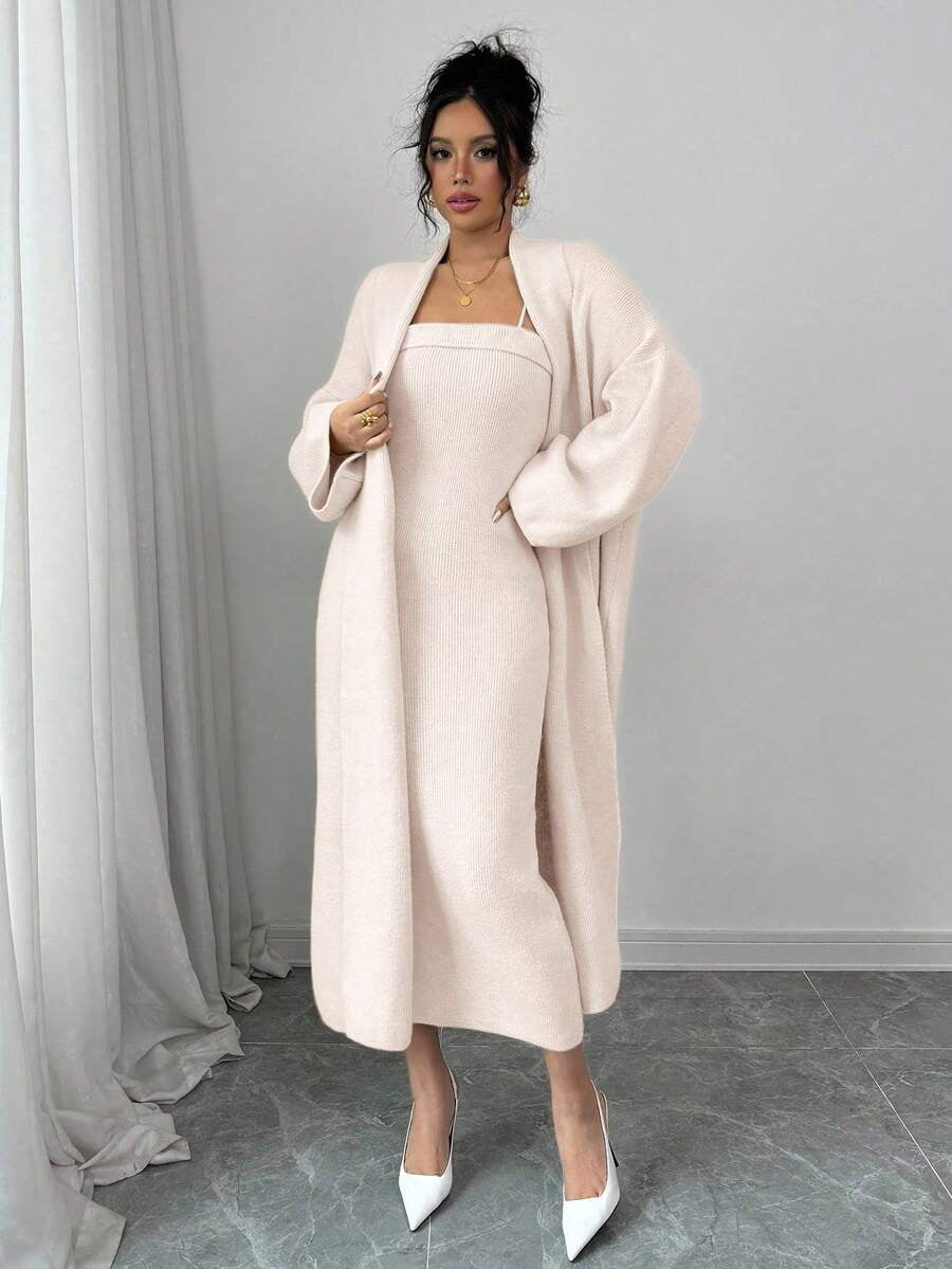 thumbnail image 3 of 2pcs Womens Baby Pink Spaghetti Strap Minimalist Dress With Long Sleeve, 3 of 5