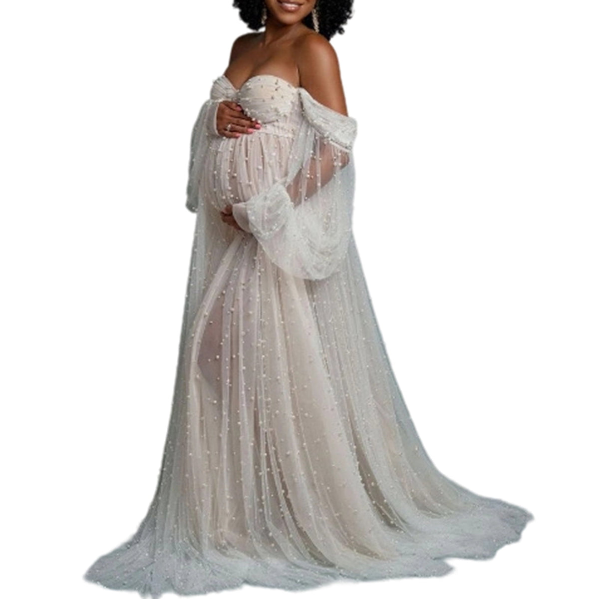 thumbnail image 6 of Adjustable Maternity Maxi Dress for Photography Off Shoulder Design Polyester Fabric Comfort Wear Pregnancy, 6 of 8