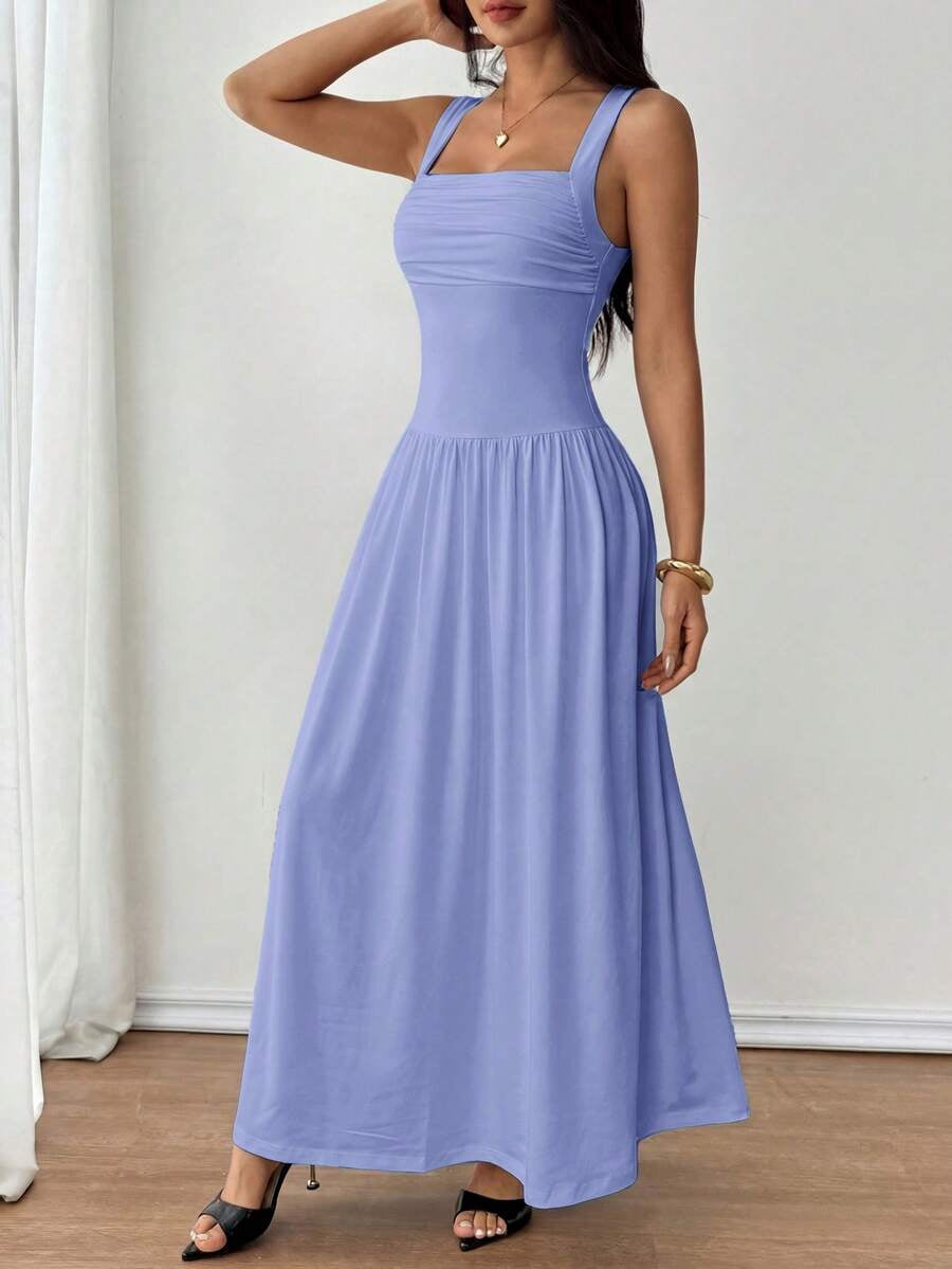 thumbnail image 5 of Petite Womens Blue Solid Square Neck Ruched Flared Maxi Dress For Spring Summer, 5 of 7