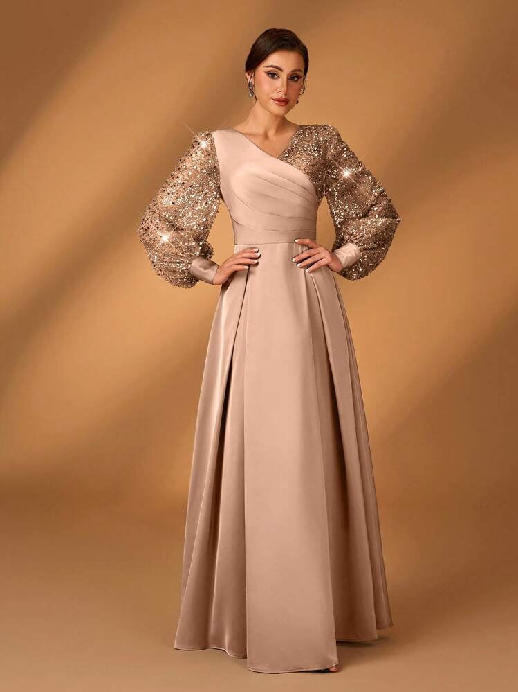 thumbnail image 4 of Champagne V Neck A Line Evening Dress with Sequin Lantern Sleeves, 4 of 7