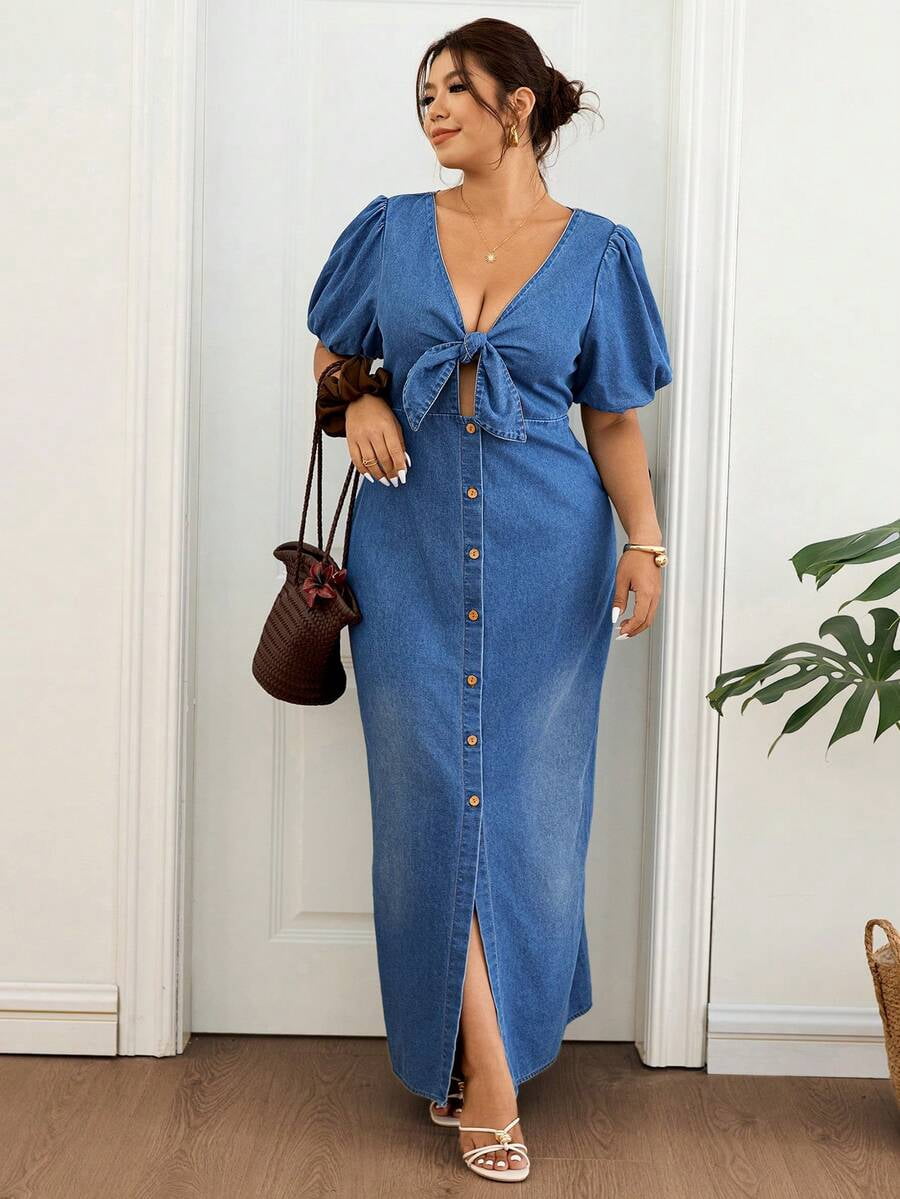 thumbnail image 5 of Plus Size Dark Wash Denim Maxi Dress - Puff Sleeve Tie Front Button Down, 5 of 5