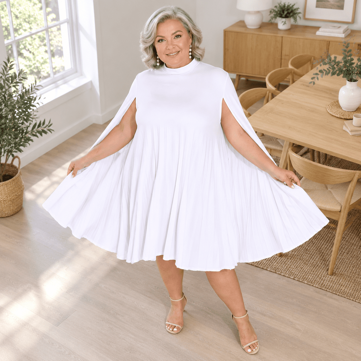 thumbnail image 4 of Women Plsize Cape Dress Pleated Cocktail Mini, 4 of 6