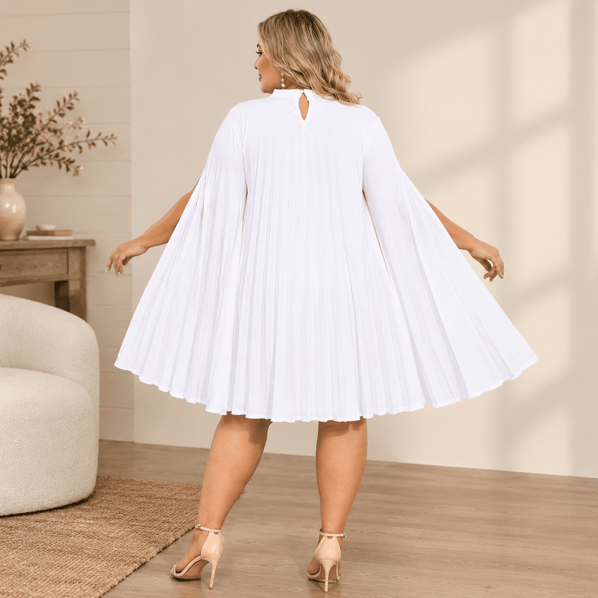 thumbnail image 5 of Women Plsize Cape Dress Pleated Cocktail Mini, 5 of 6
