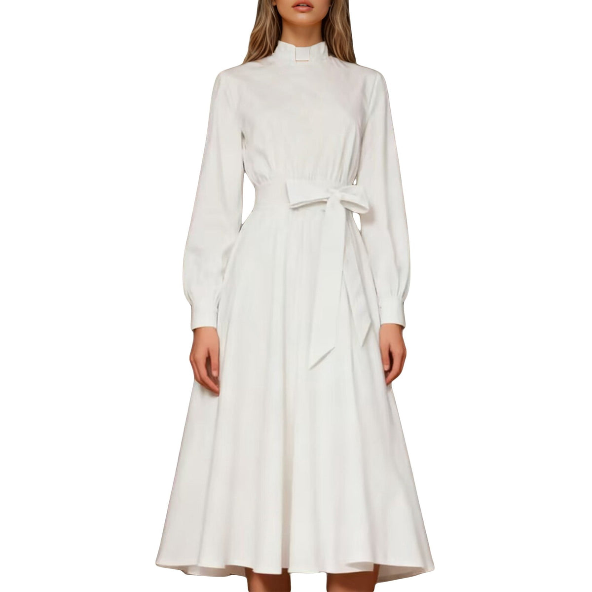 thumbnail image 5 of FYEGRE Clergy Dress for Women Long Sleeve A Line Elegant Maxi Dress with Tab Insert Stand Collar and Belt White S, 5 of 8