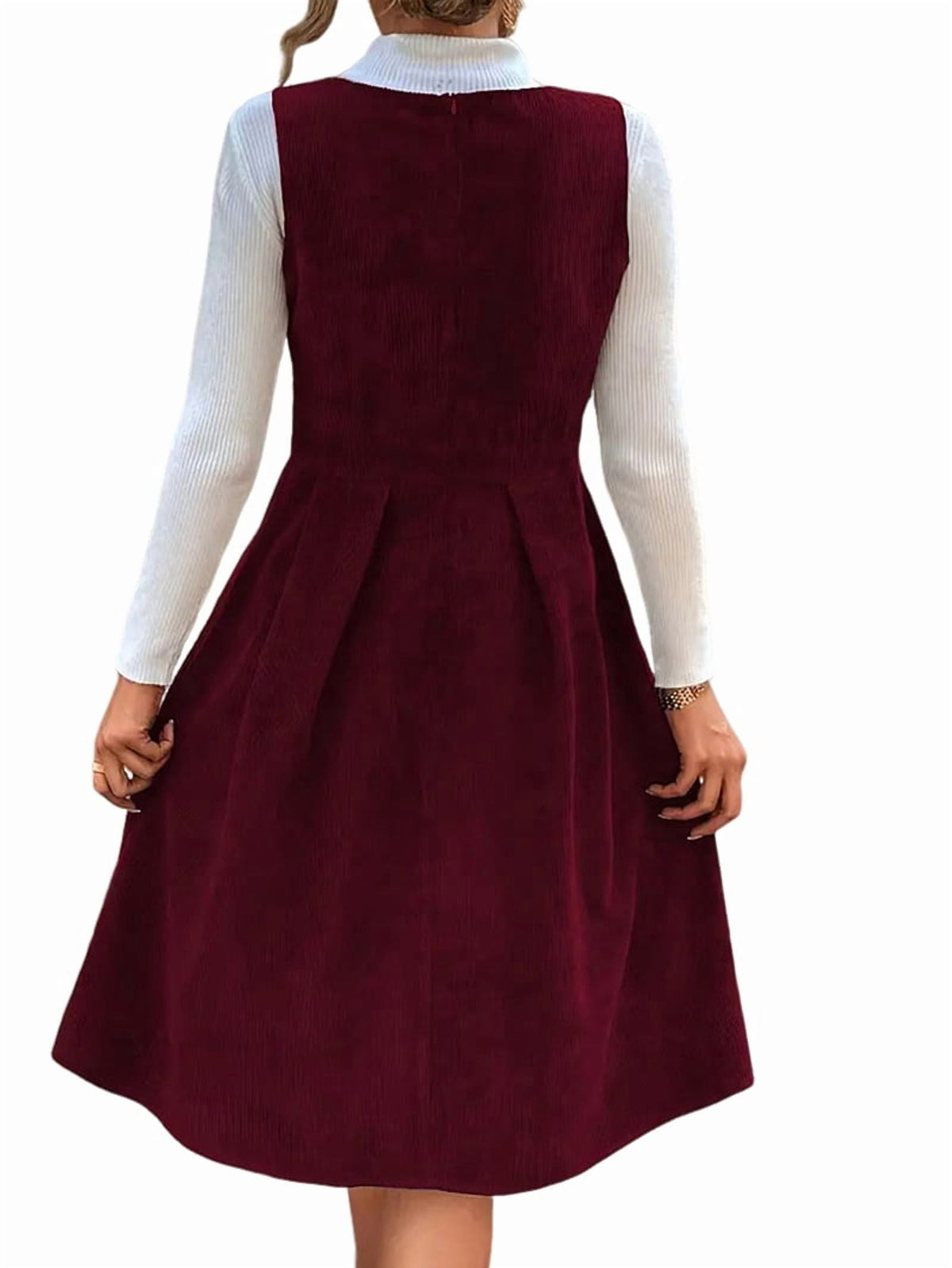 thumbnail image 6 of Women V Neck Corduroy Overall Dress Fall Mini Pinafore Jumper Dress Red S, 6 of 9