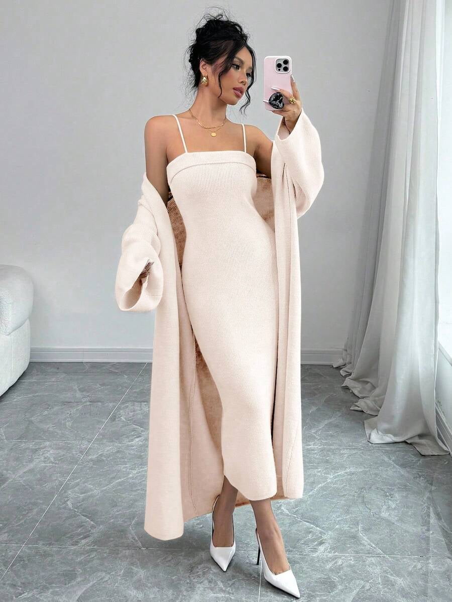 thumbnail image 5 of 2pcs Womens Baby Pink Spaghetti Strap Minimalist Dress With Long Sleeve, 5 of 5