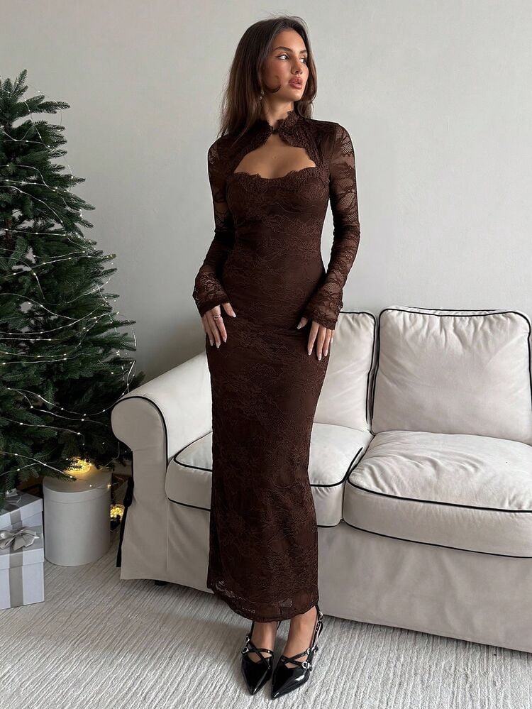 thumbnail image 3 of Coffee Brown Lace Maxi Dress with Keyhole Neckline and Long Sleeves, 3 of 7