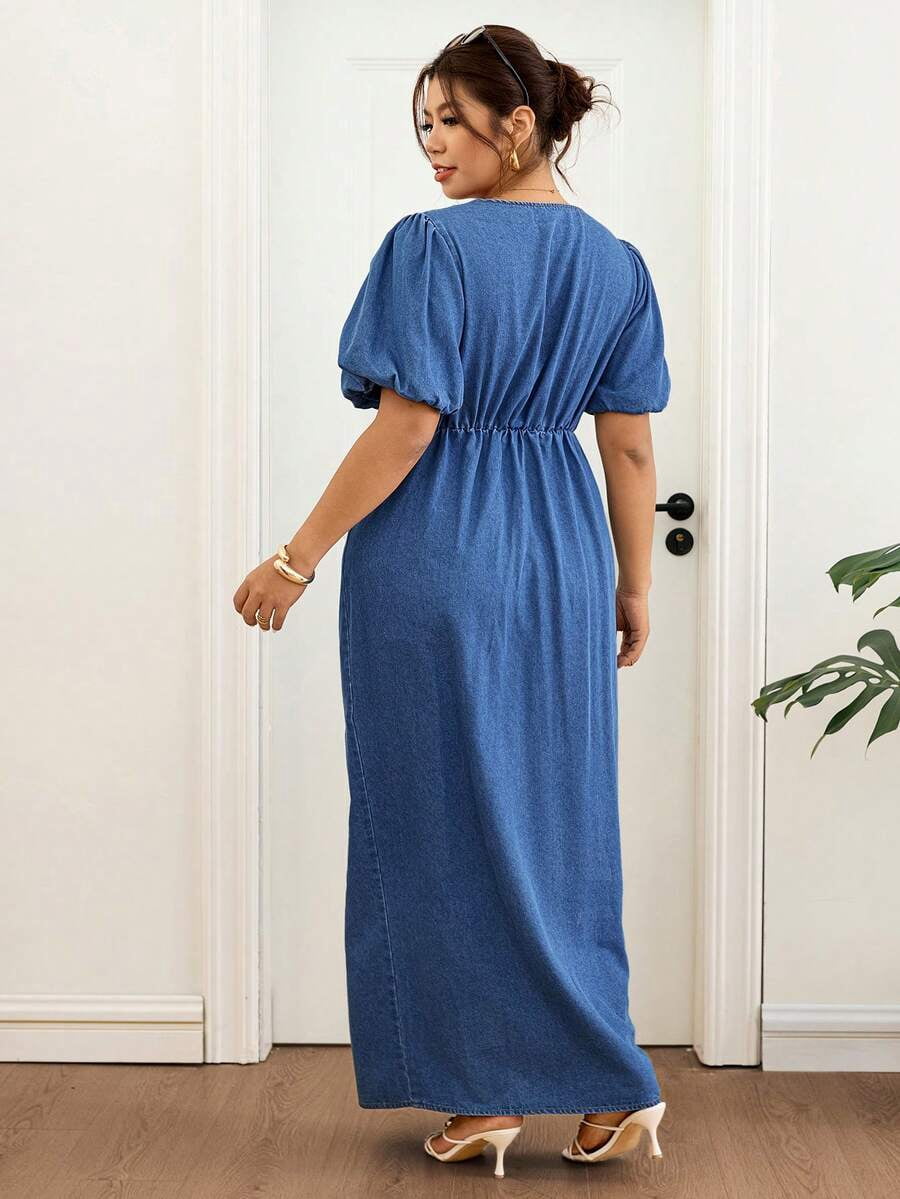 thumbnail image 2 of Plus Size Dark Wash Denim Maxi Dress - Puff Sleeve Tie Front Button Down, 2 of 5